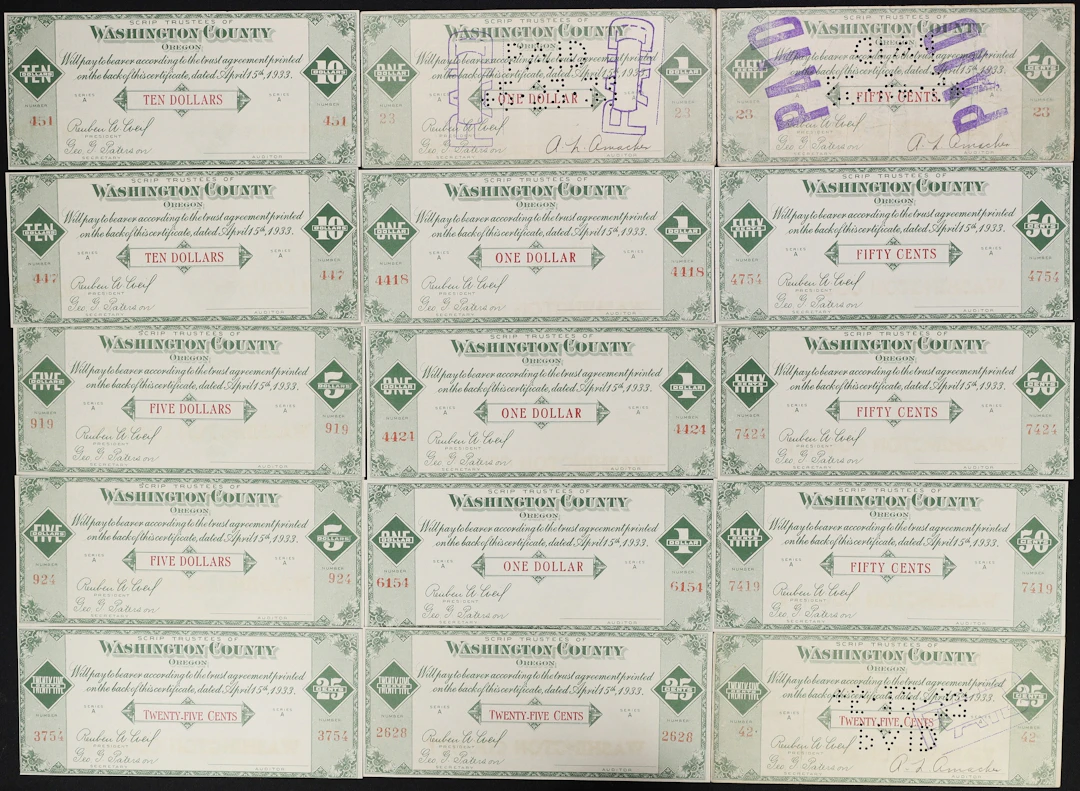 Lot of (15) Hillsboro, Oregon. Washington County. 1933 Mixed Denominations.