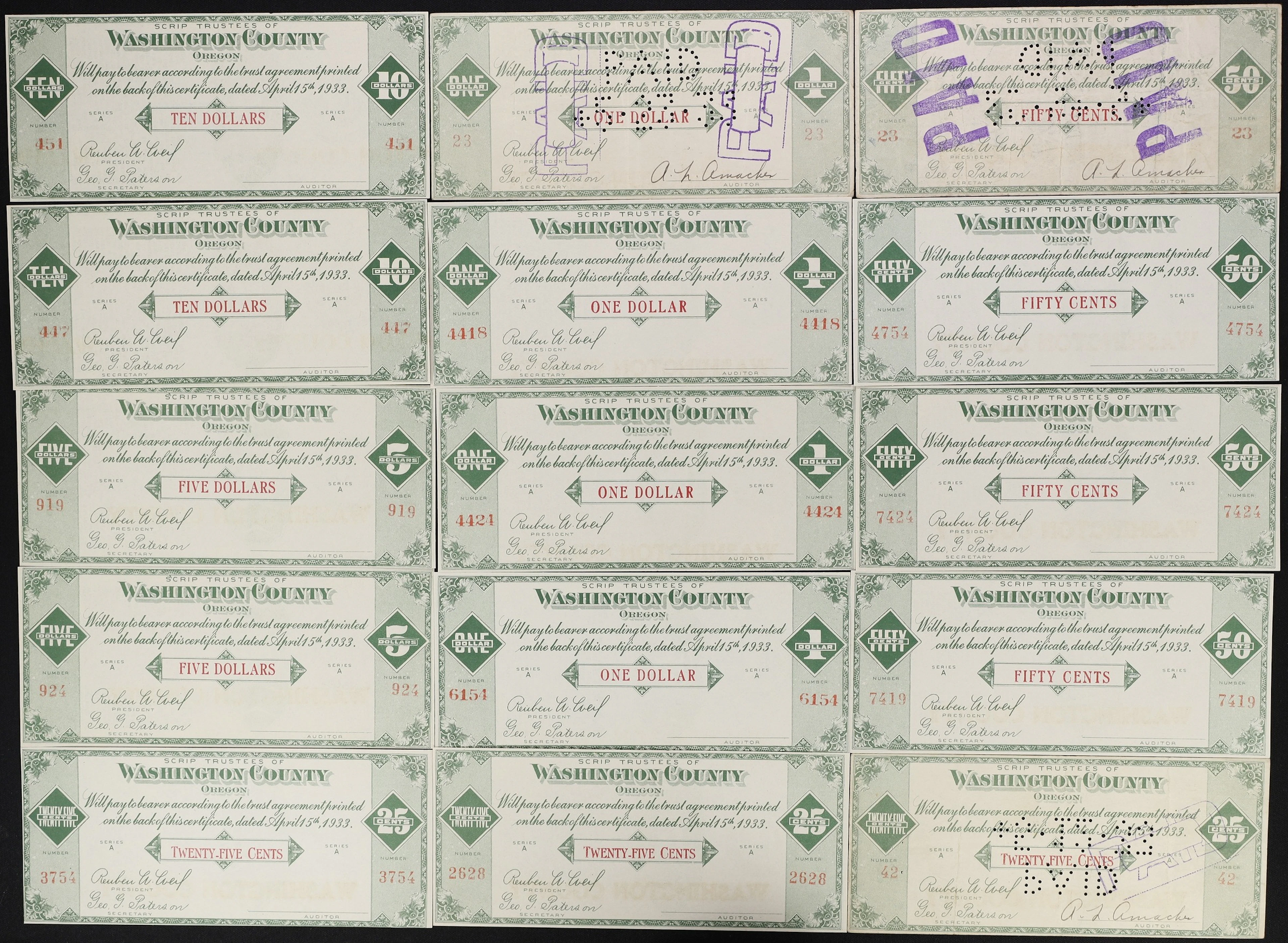 Lot of (15) Hillsboro, Oregon. Washington County. 1933 Mixed Denominations.