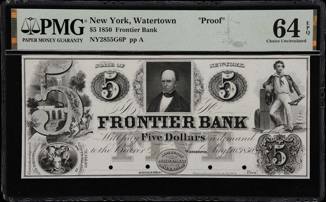 Watertown, New York. Frontier Bank. 1850 $5. PMG Choice Uncirculated