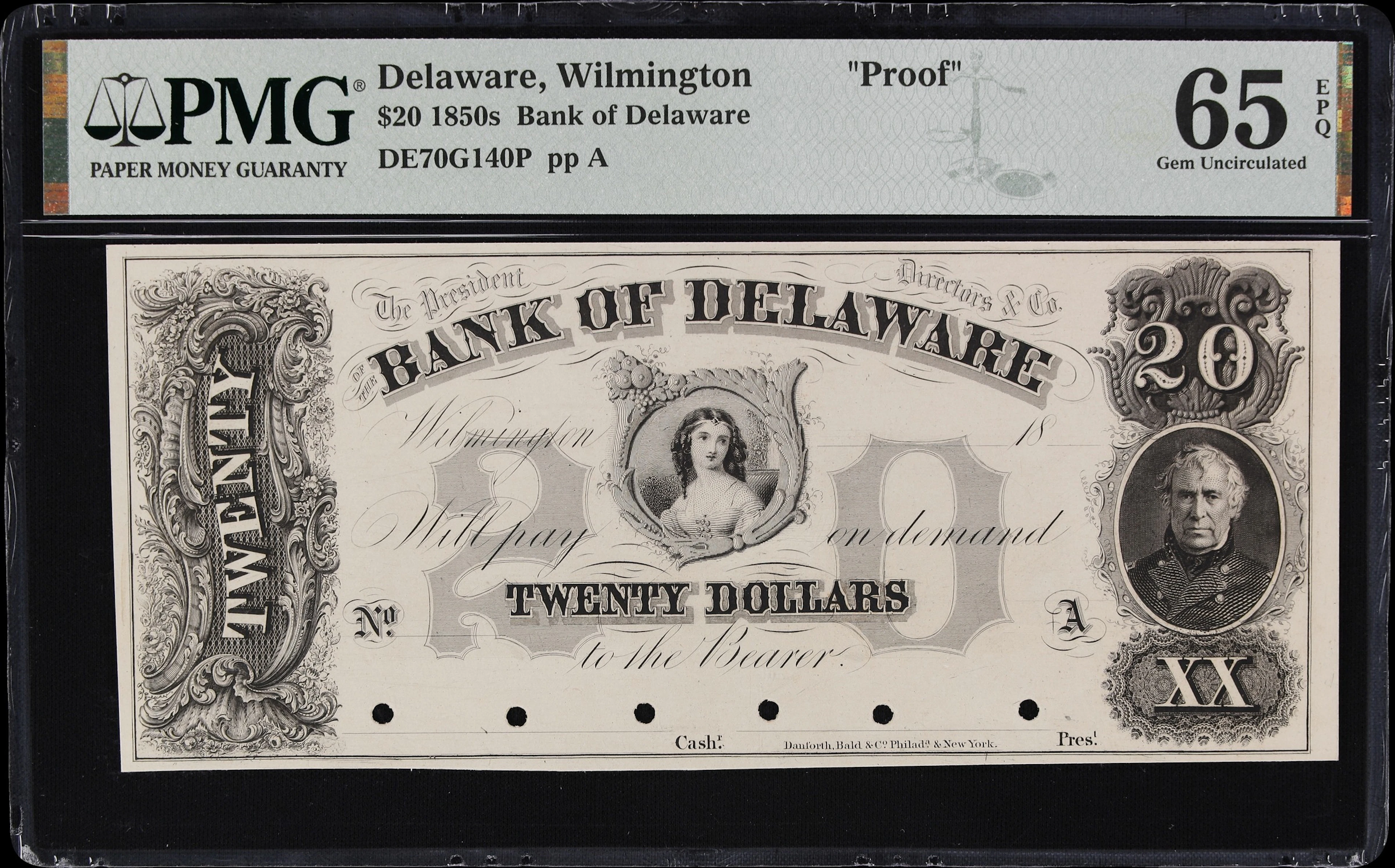 Wilmington, Delaware. Bank of Delaware. 18xx $20. PMG Gem Uncirculated