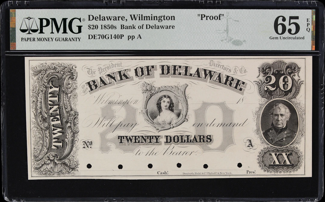 Wilmington, Delaware. Bank of Delaware. 18xx $20. PMG Gem Uncirculated