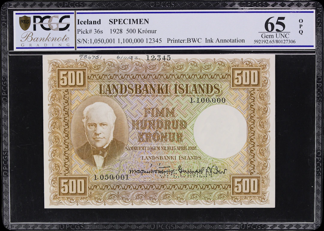 (◊) ICELAND. Landsbanki Islands. 500 Kronur, 1928. P-36s. Specimen.