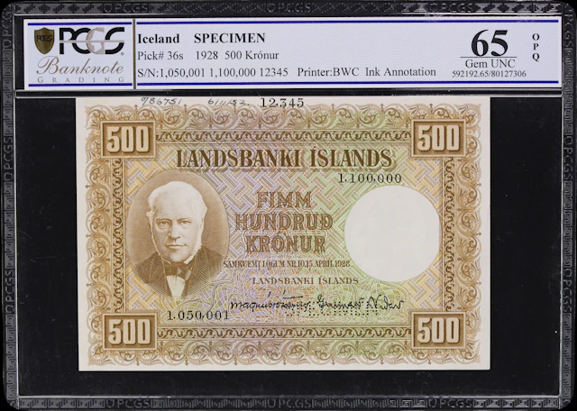 (◊) ICELAND. Landsbanki Islands. 500 Kronur, 1928. P-36s. Specimen.
