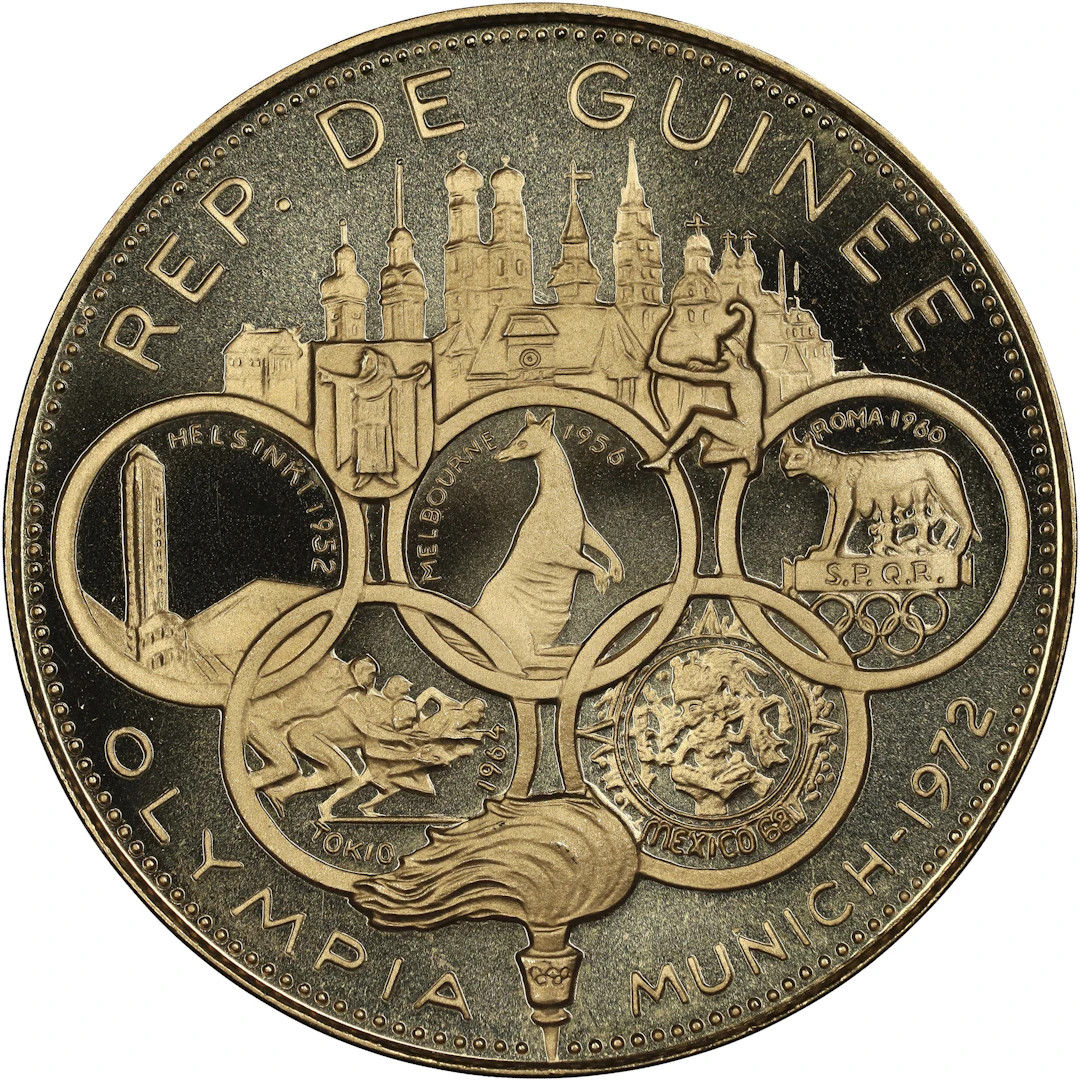 (0.579 oz, 18.009 g AGW). Guinea. 1969 Summer Olympics Gold 5,000 Francs.