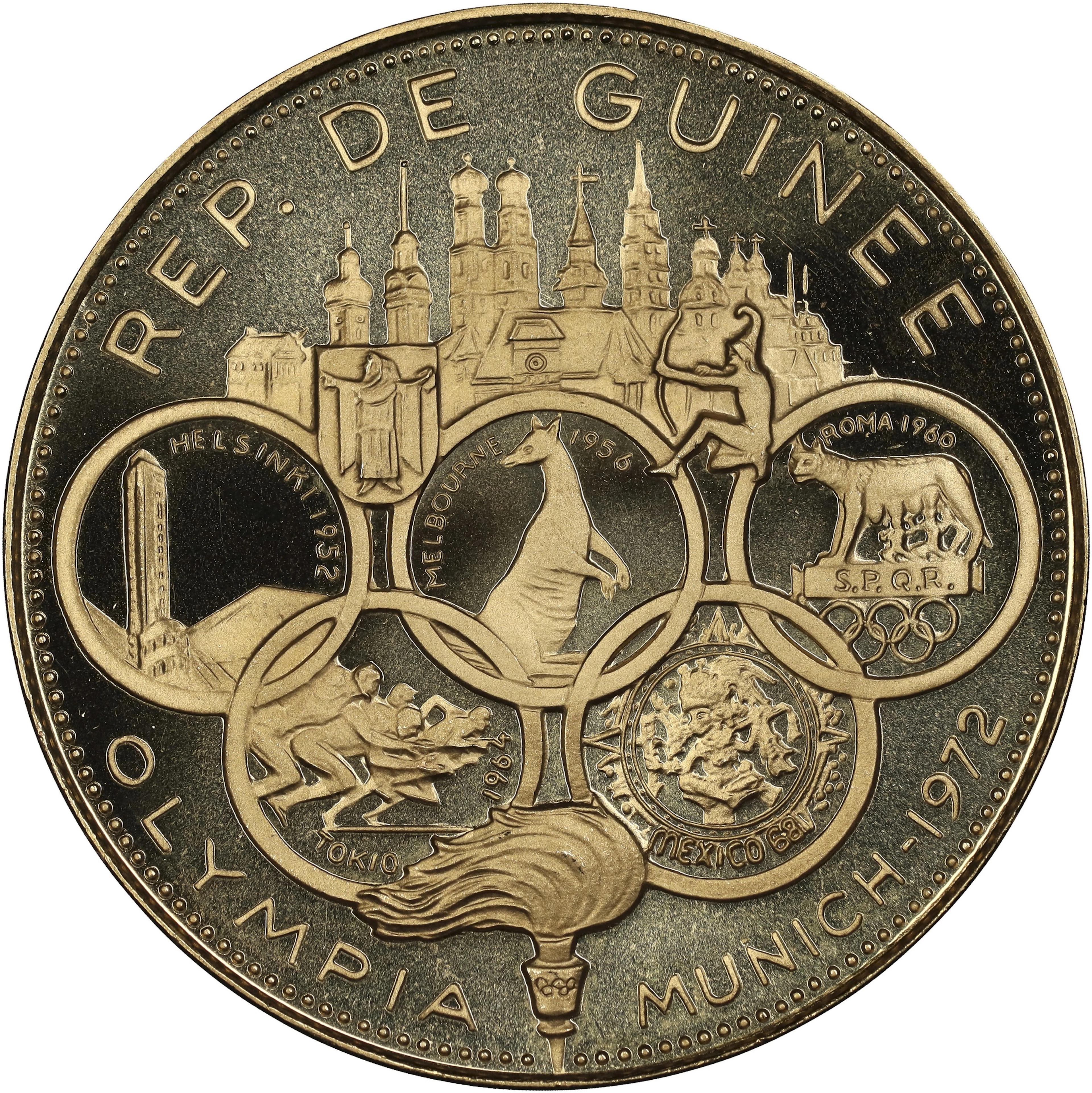 (0.579 oz, 18.009 g AGW). Guinea. 1969 Summer Olympics Gold 5,000 Francs.