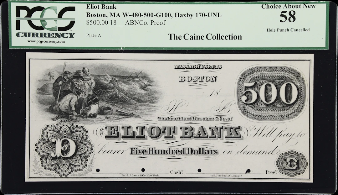 Boston, Massachusetts. Eliot Bank. 18xx $500. PCGS Currency Choice