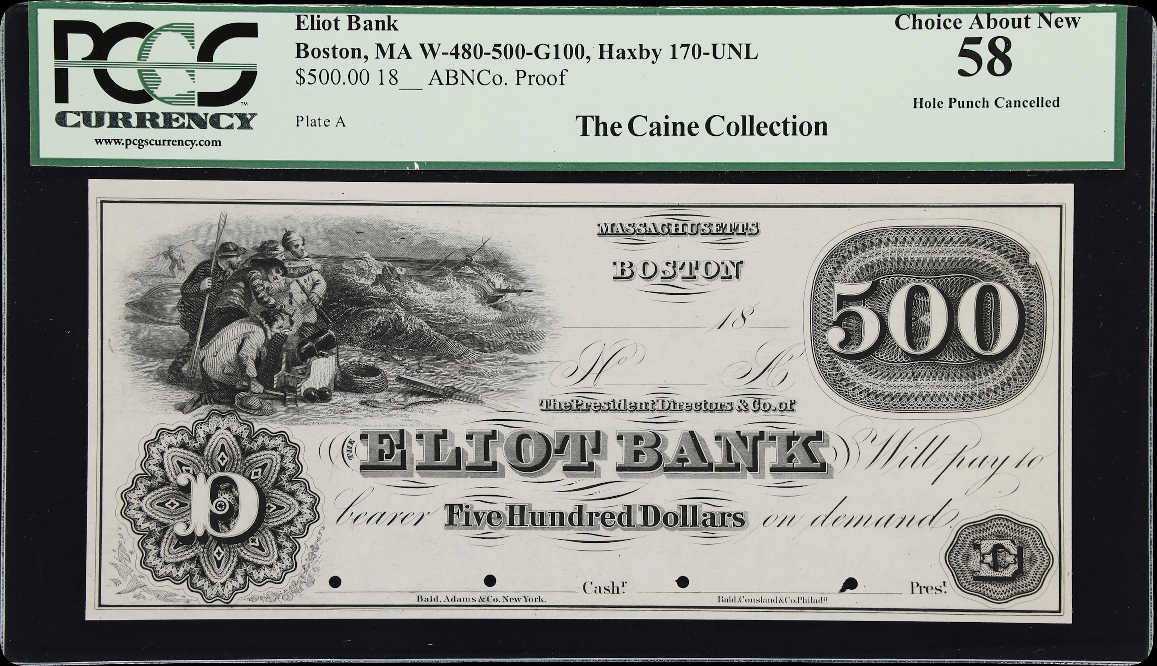 Boston, Massachusetts. Eliot Bank. 18xx $500. PCGS Currency Choice