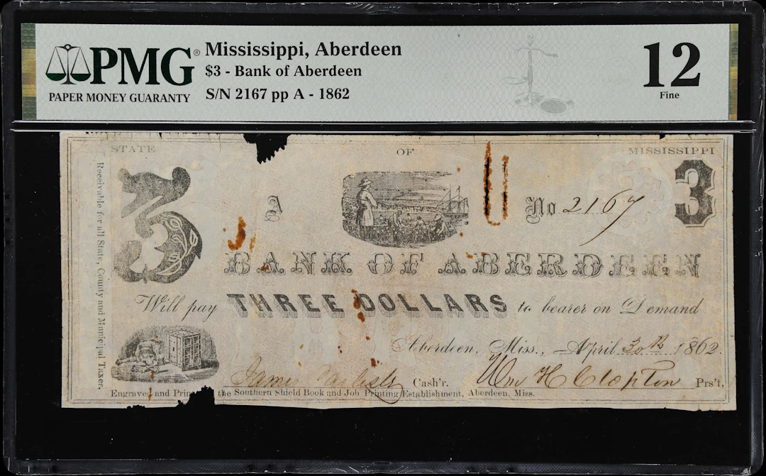 Aberdeen, Mississippi. Bank of Aberdeen. 1862 $3. PMG Fine 12.