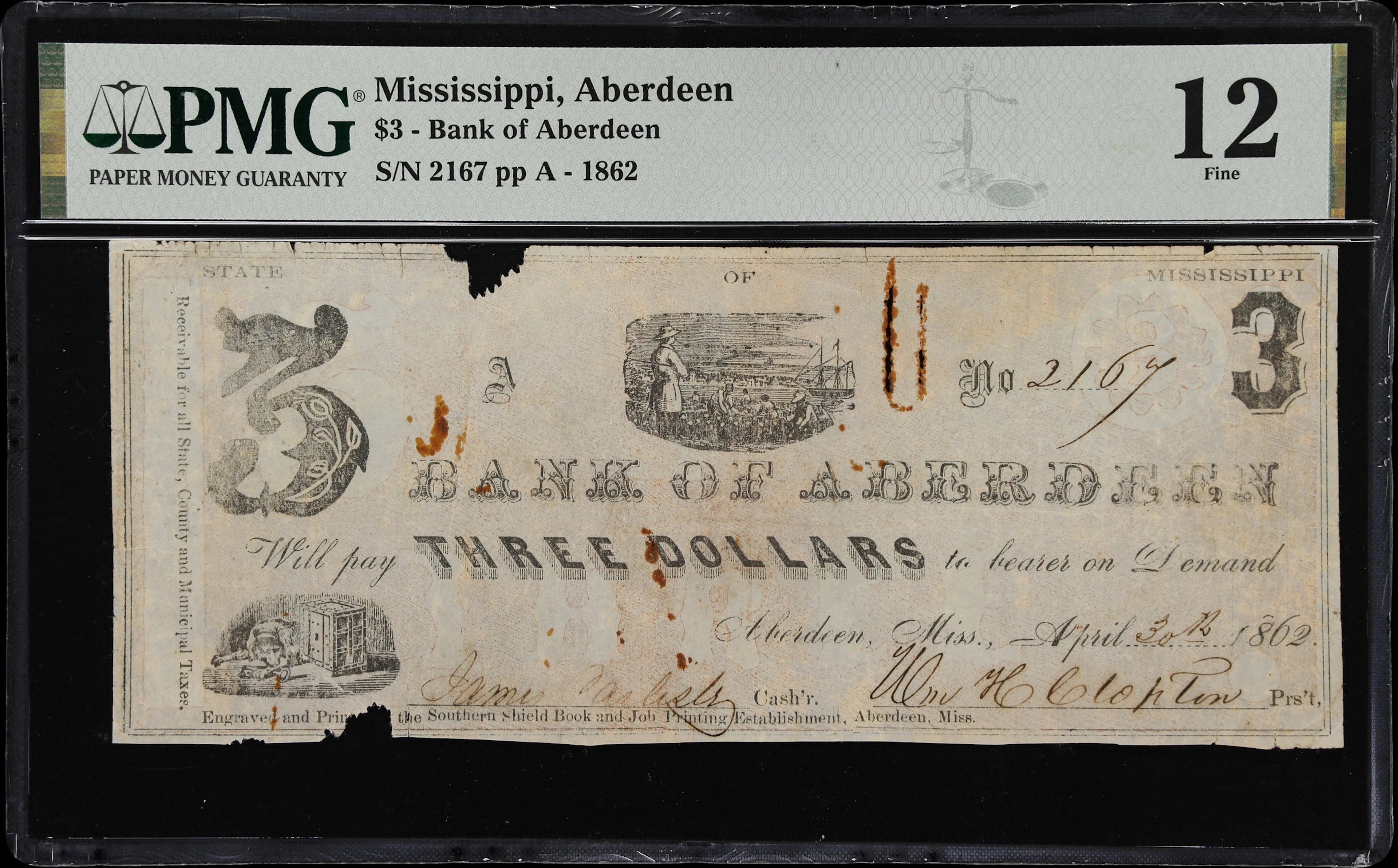 Aberdeen, Mississippi. Bank of Aberdeen. 1862 $3. PMG Fine 12.