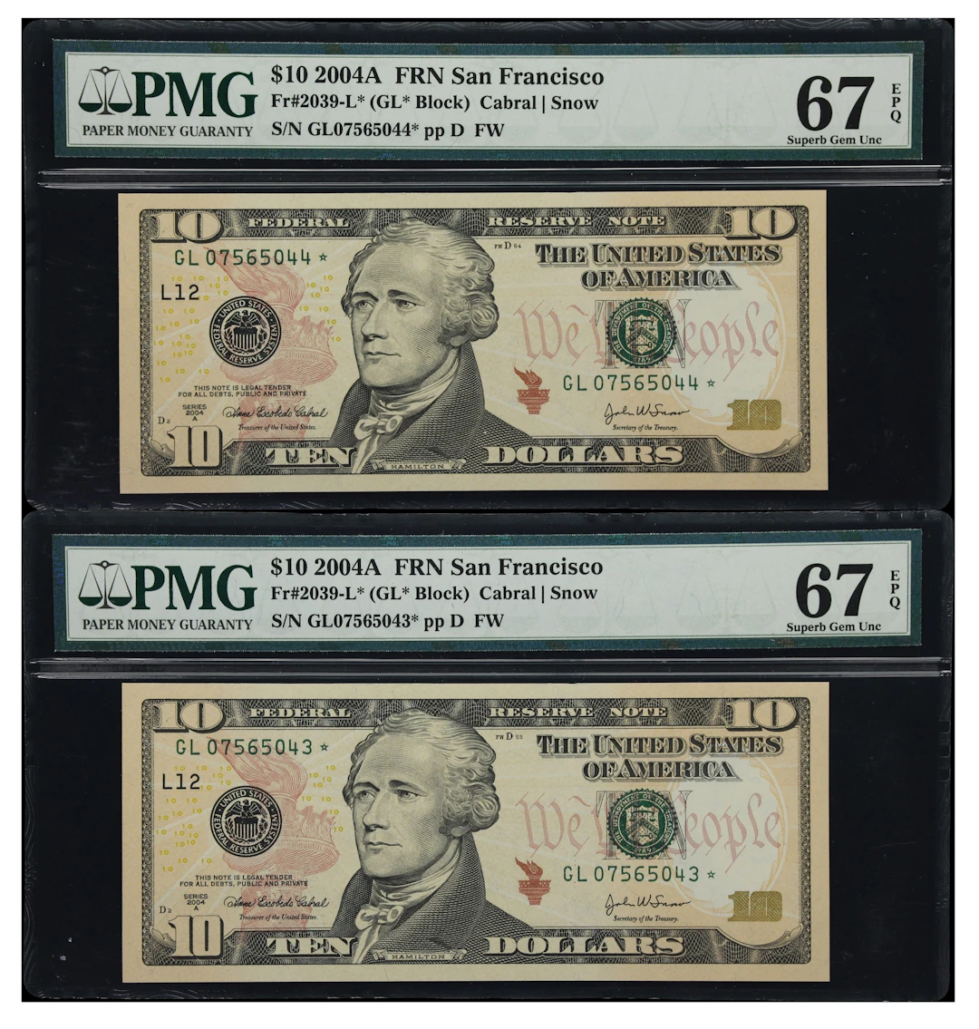 Lot of (2) Fr. 2039-L*. 2004A $10 Federal Reserve Star Notes. San