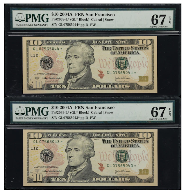 Lot of (2) Fr. 2039-L*. 2004A $10 Federal Reserve Star Notes. San