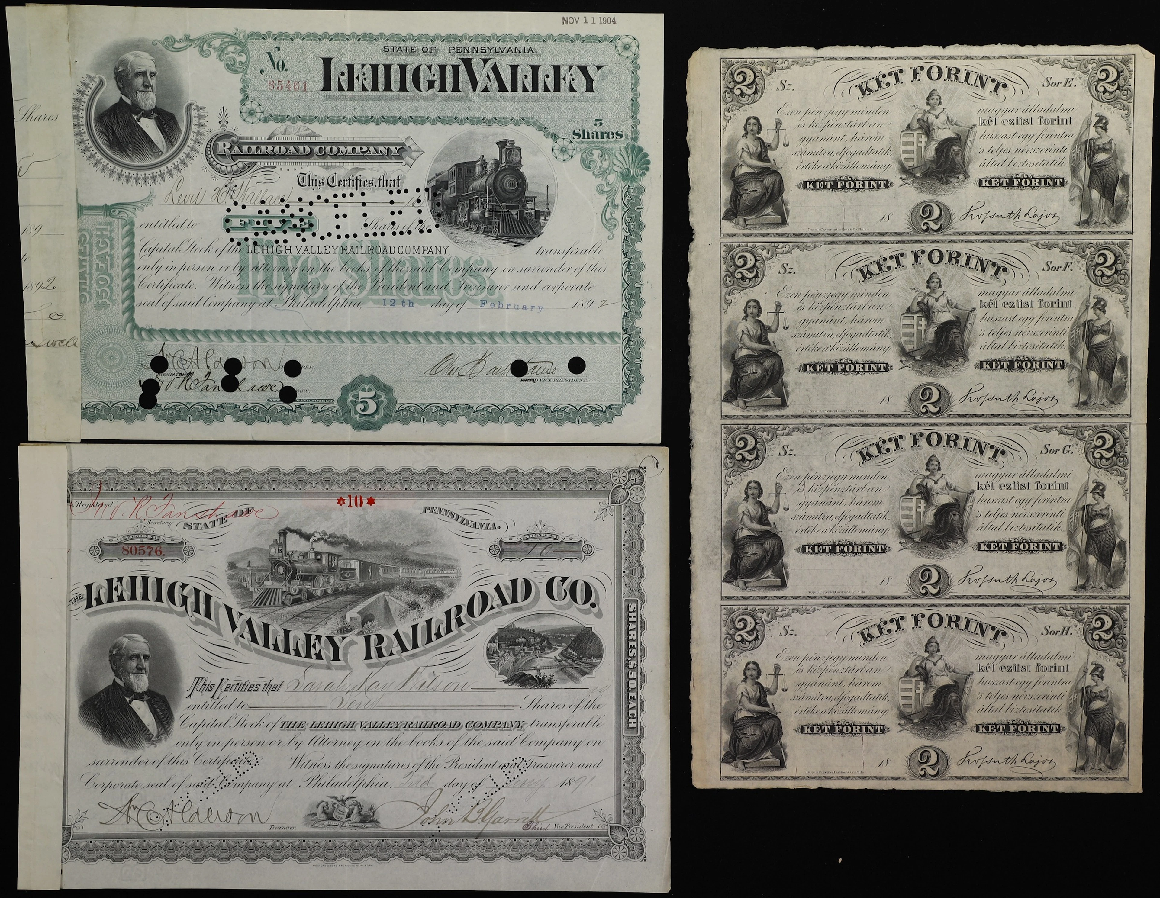 Lot of (3) New York Obsolete Sheet & Pennsylvania Rail Road Bonds.