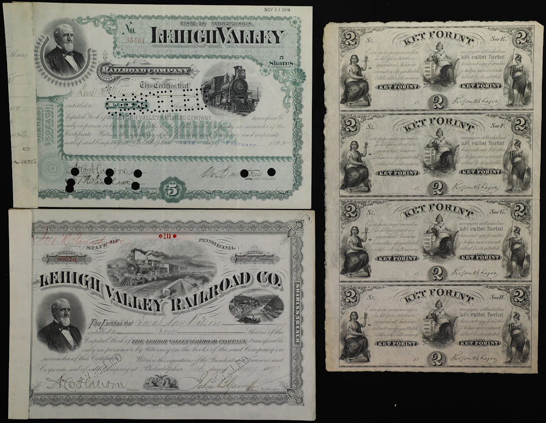 Lot of (3) New York Obsolete Sheet & Pennsylvania Rail Road Bonds.