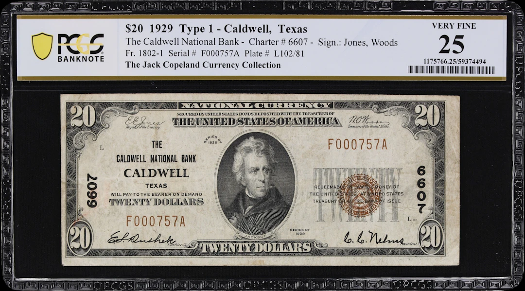 Caldwell, Texas. $20 1929 Ty. 1. Fr. 1802-1. Caldwell NB. Charter