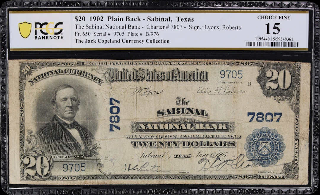 Sabinal, Texas. $20 1902 Plain Back. Fr. 650. Sabinal NB. Charter