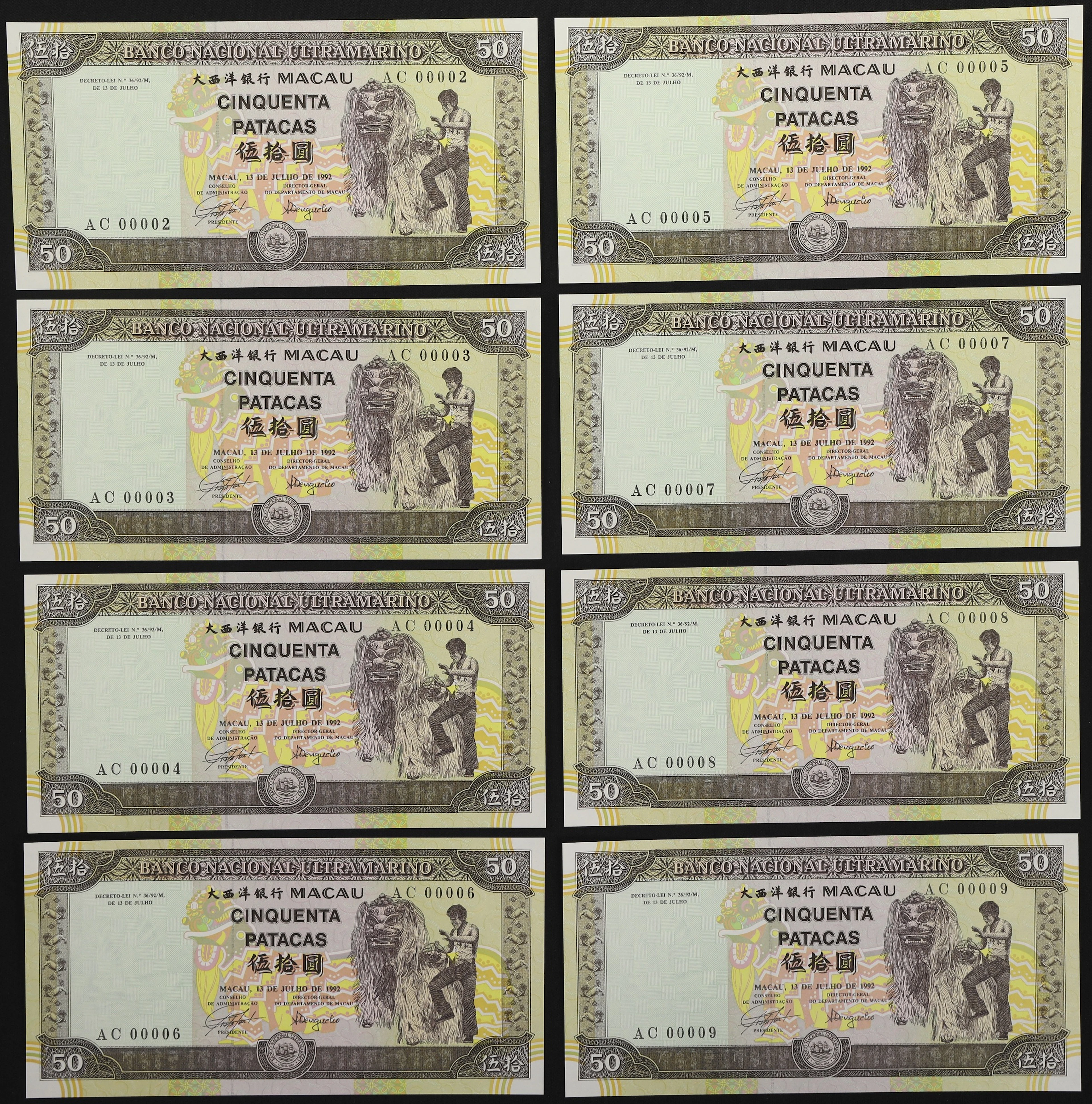 MACAU (SAR). Lot of (8). Banco Nacional Ultramarino. 50 Patacas, 13.7.1992.