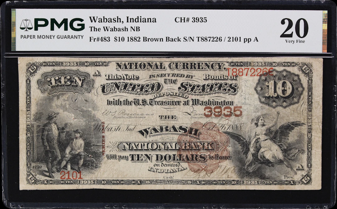 Wabash, Indiana. $10 1882 Brown Back. Fr. 483. Wabash NB. Charter