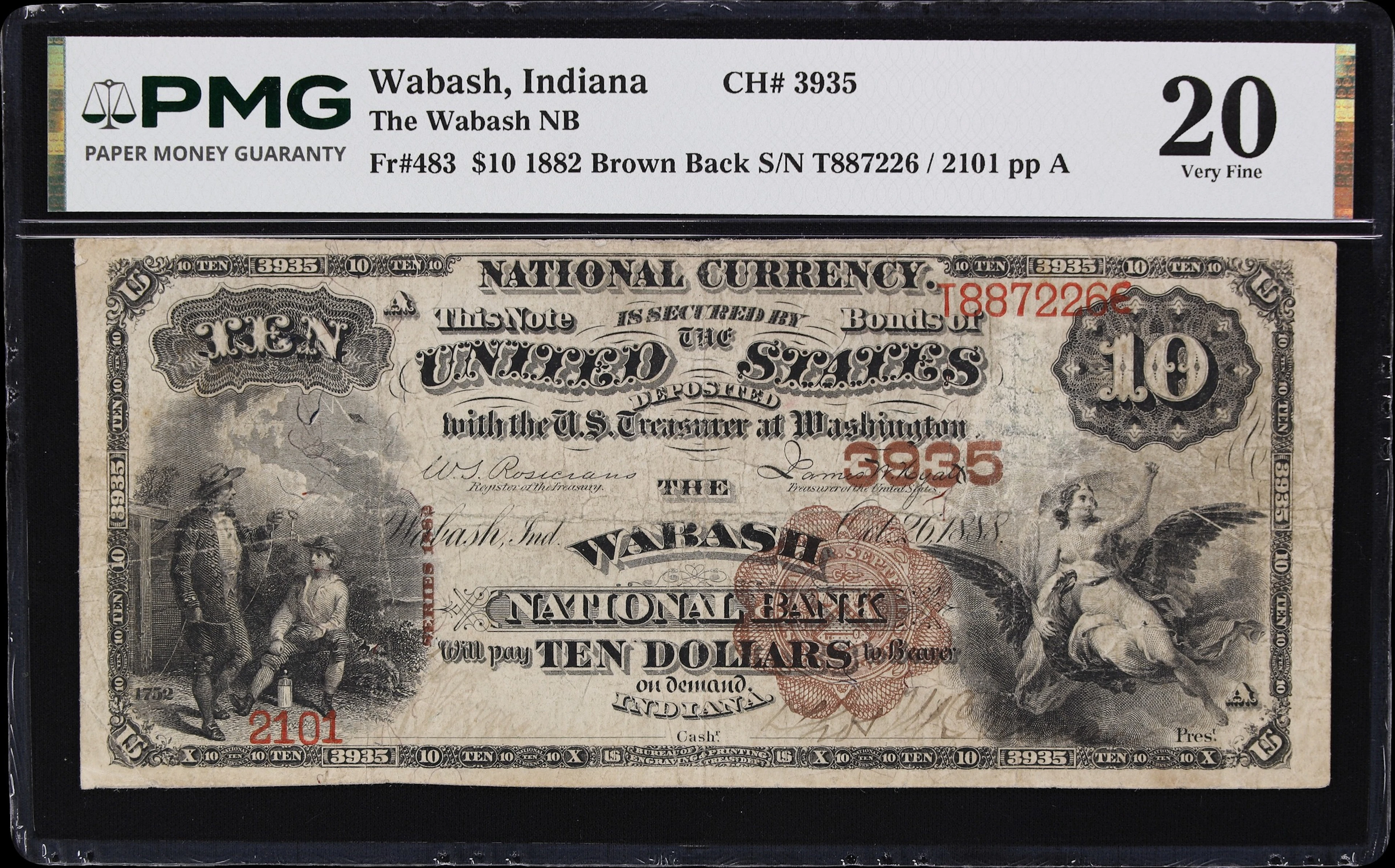Wabash, Indiana. $10 1882 Brown Back. Fr. 483. Wabash NB. Charter