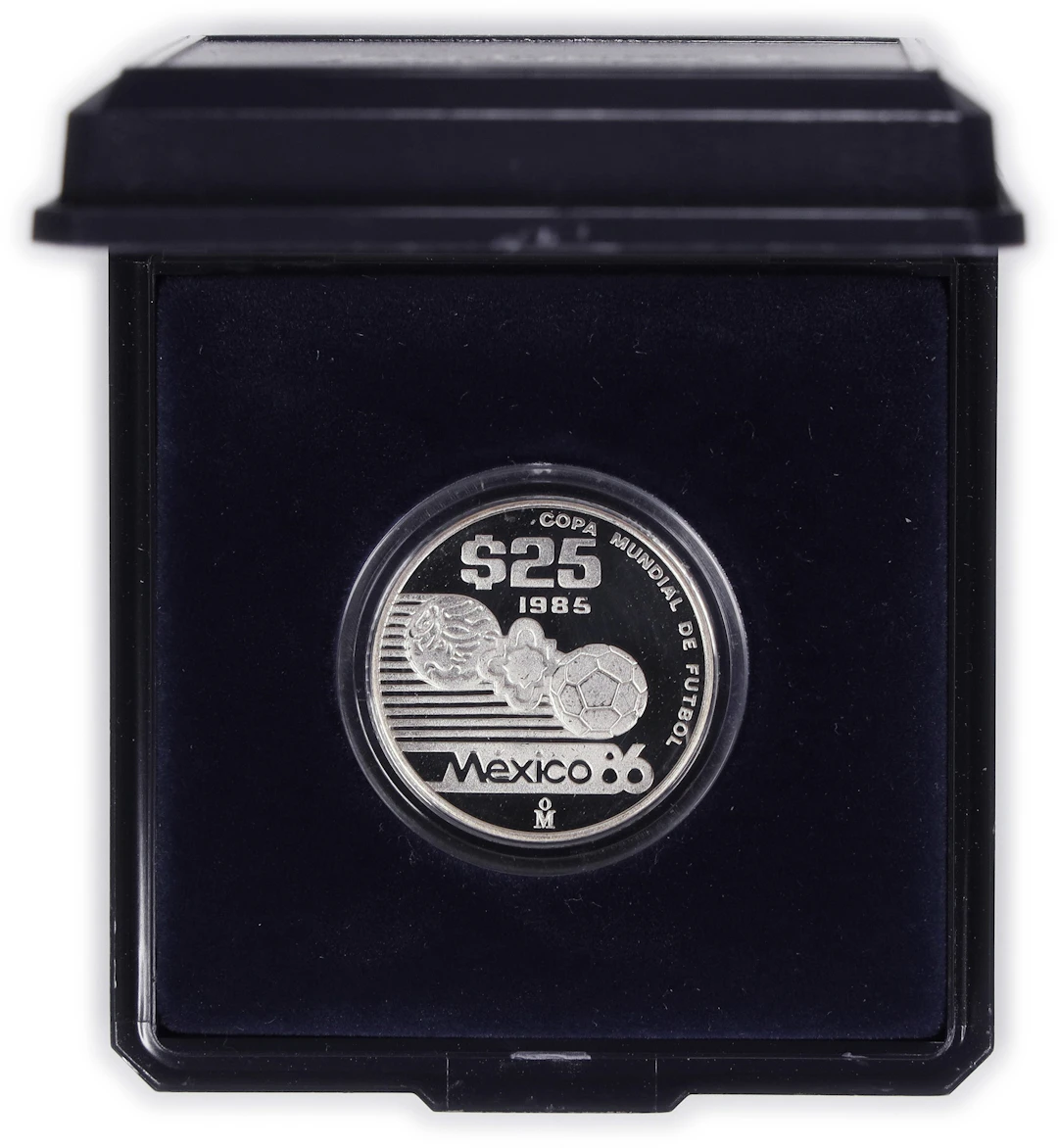 (0.25 oz, 7.776 g ASW). Mexico. 1985 World Cup Silver 25 Pesos.