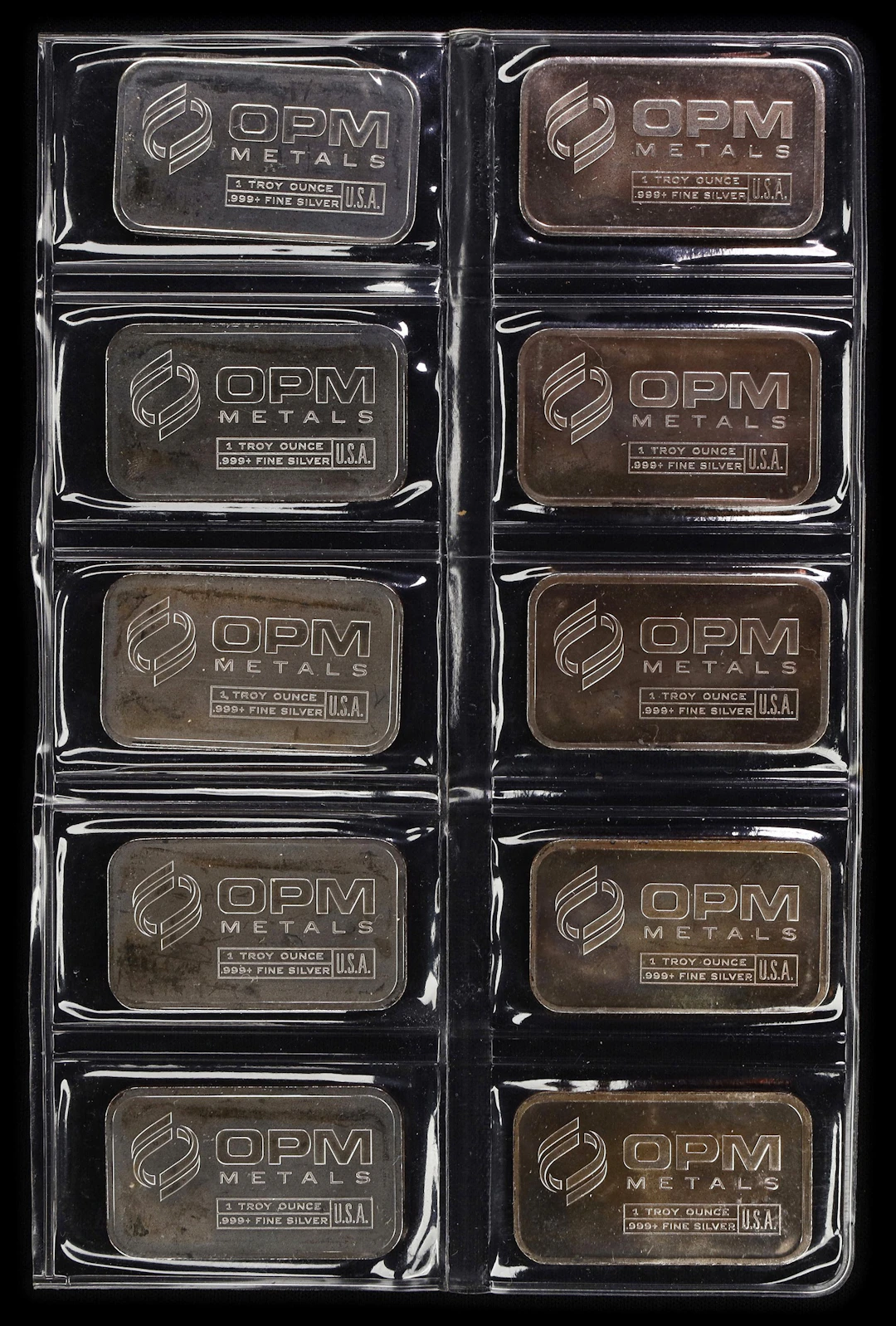 (10 oz, 311.04 g ASW). Lot of (10) OPM Metals 1 oz Silver Bars.