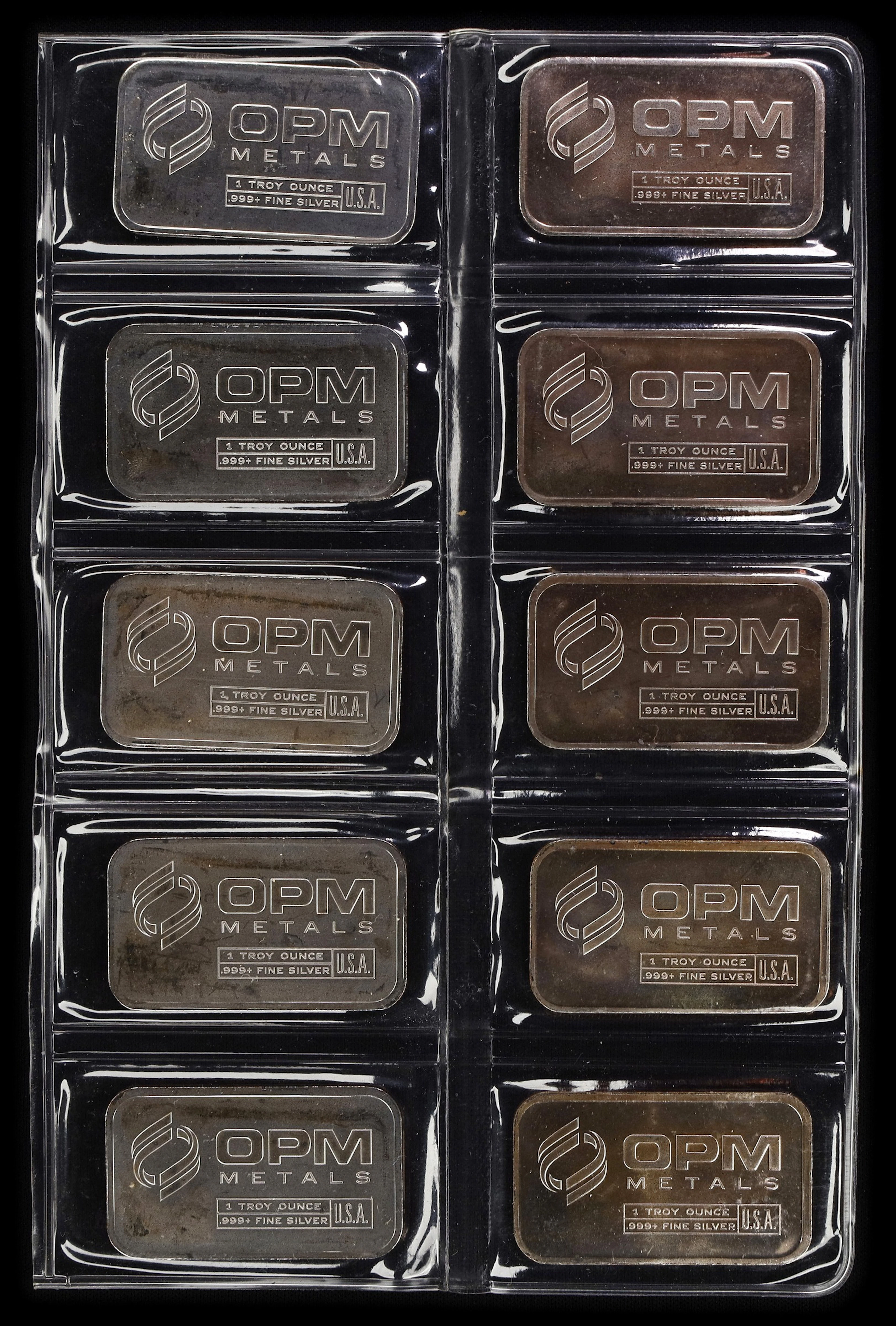 (10 oz, 311.04 g ASW). Lot of (10) OPM Metals 1 oz Silver Bars.