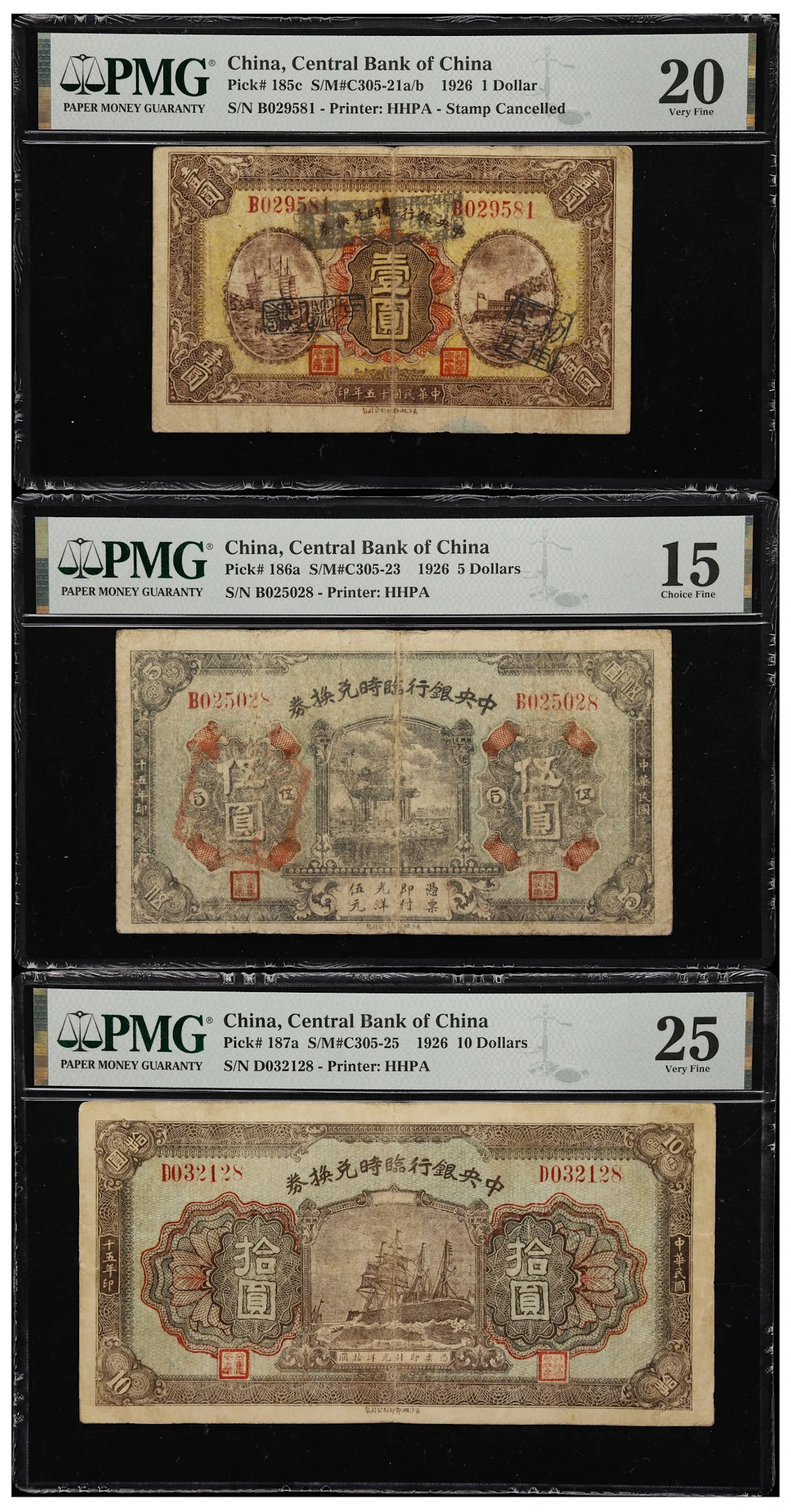 (t) CHINA--REPUBLIC. Lot of (3). Central Bank of China. 1, 5, & 10