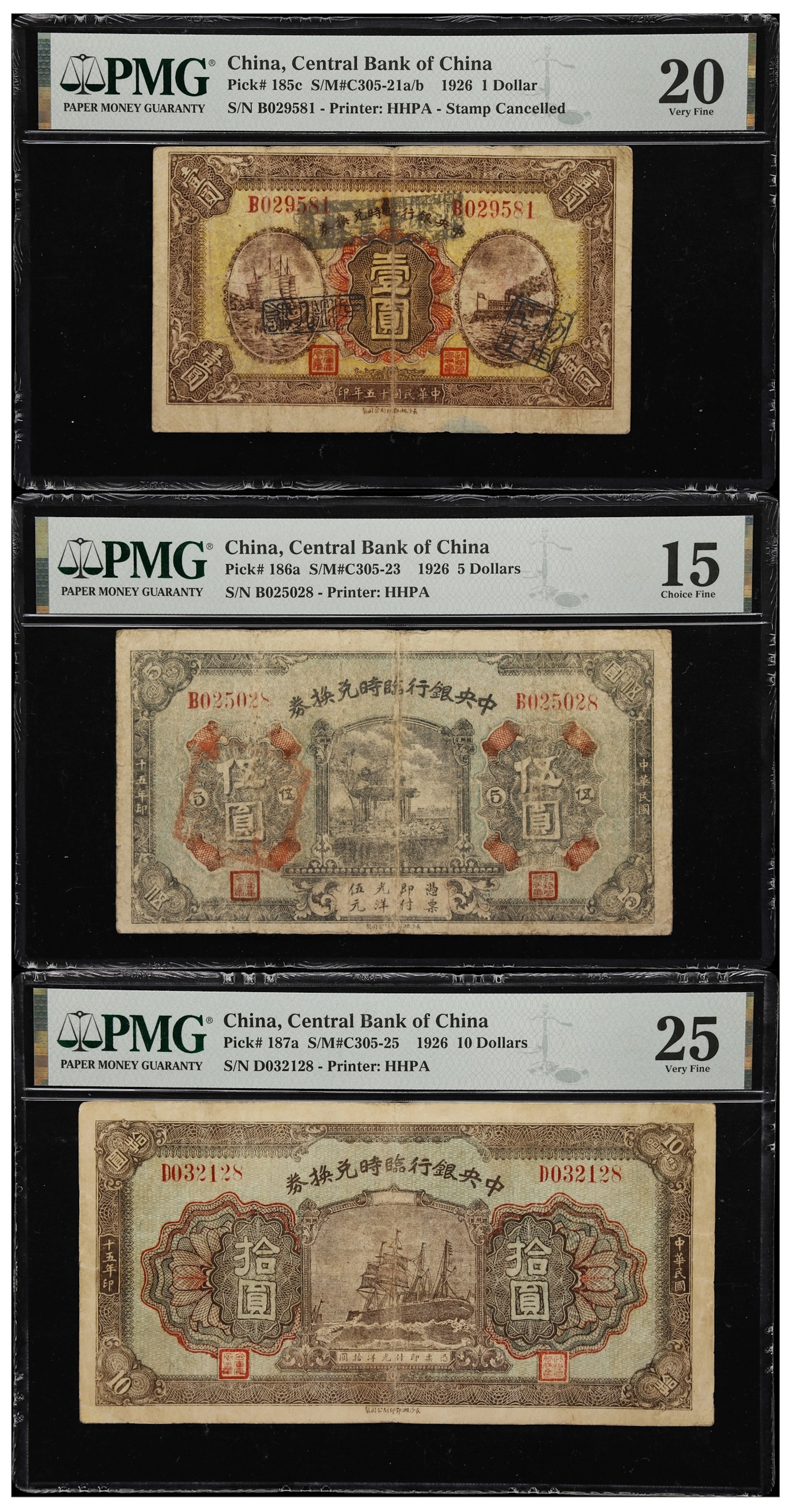 (t) CHINA--REPUBLIC. Lot of (3). Central Bank of China. 1, 5, & 10