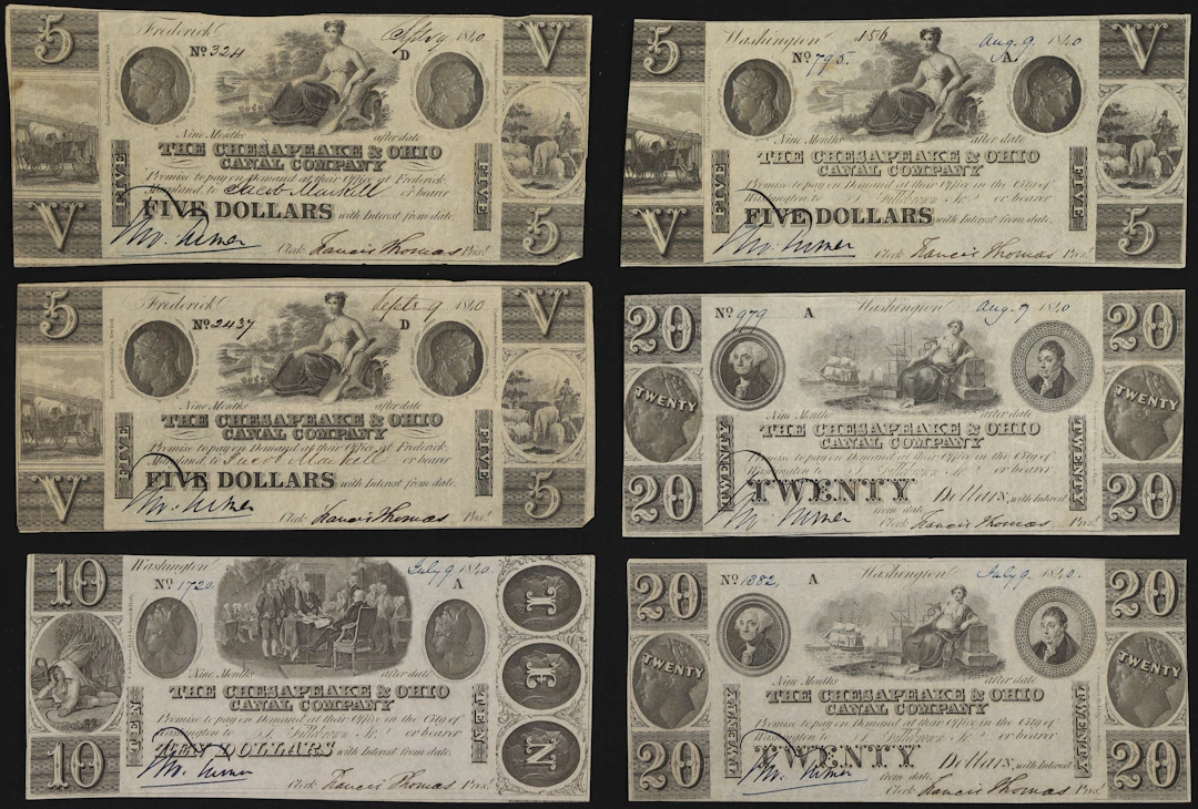 Lot of (6) Frederick, Maryland. Chesapeake & Ohio Canal Company. 1840