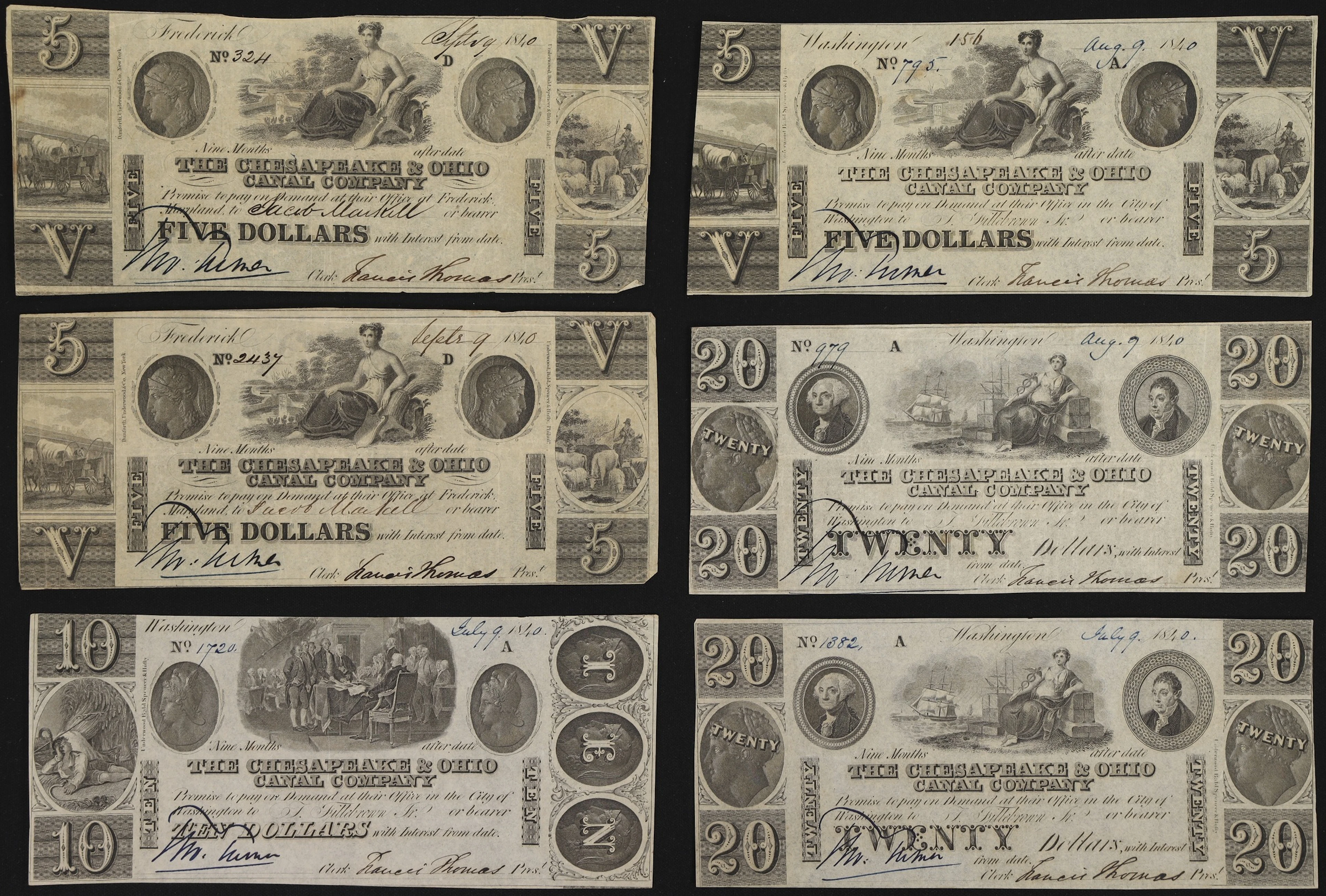 Lot of (6) Frederick, Maryland. Chesapeake & Ohio Canal Company. 1840