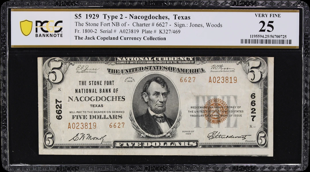 Nacogdoches, Texas. $5 1929 Ty. 2. Fr. 1800-2. Stone Fort NB. Charter