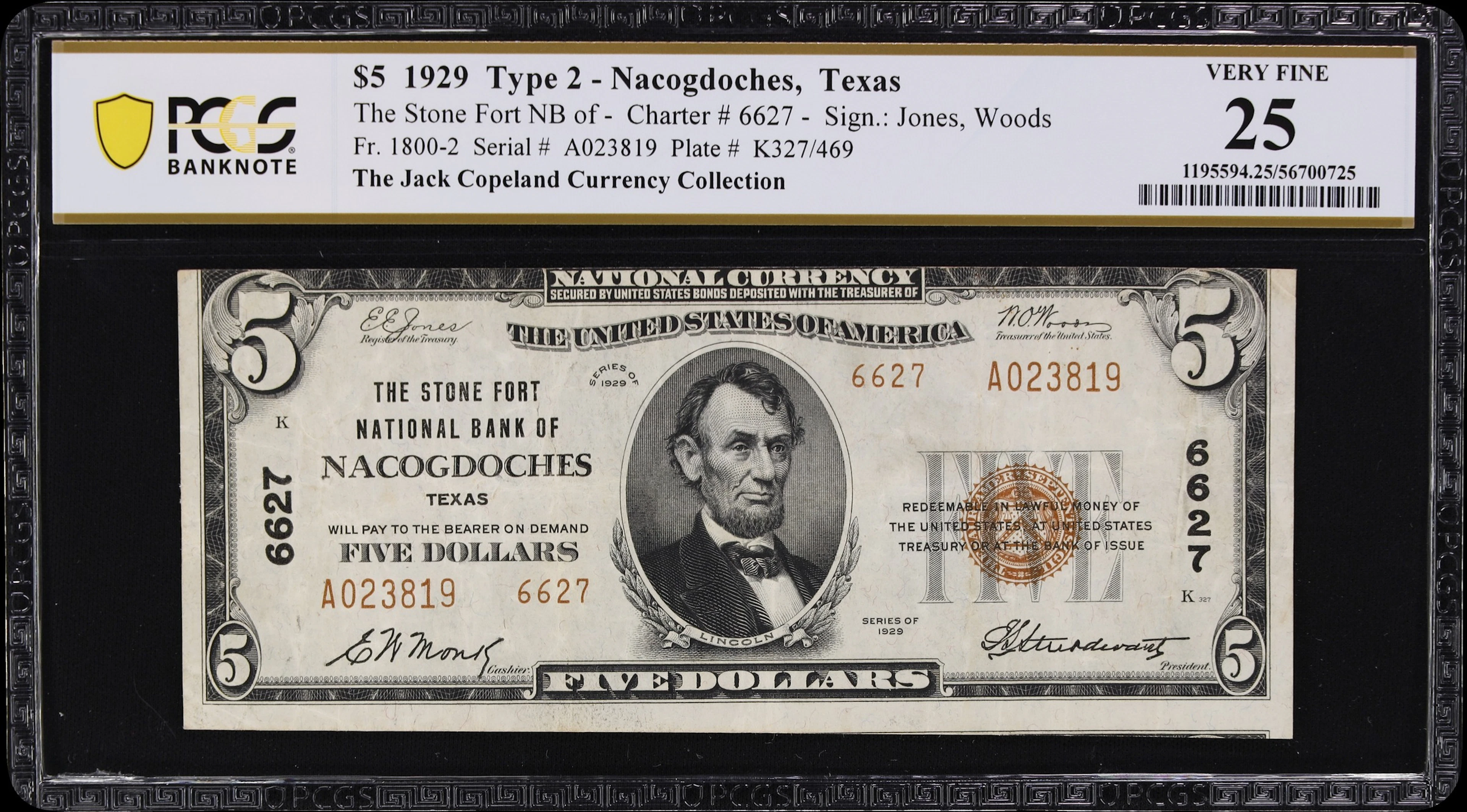 Nacogdoches, Texas. $5 1929 Ty. 2. Fr. 1800-2. Stone Fort NB. Charter