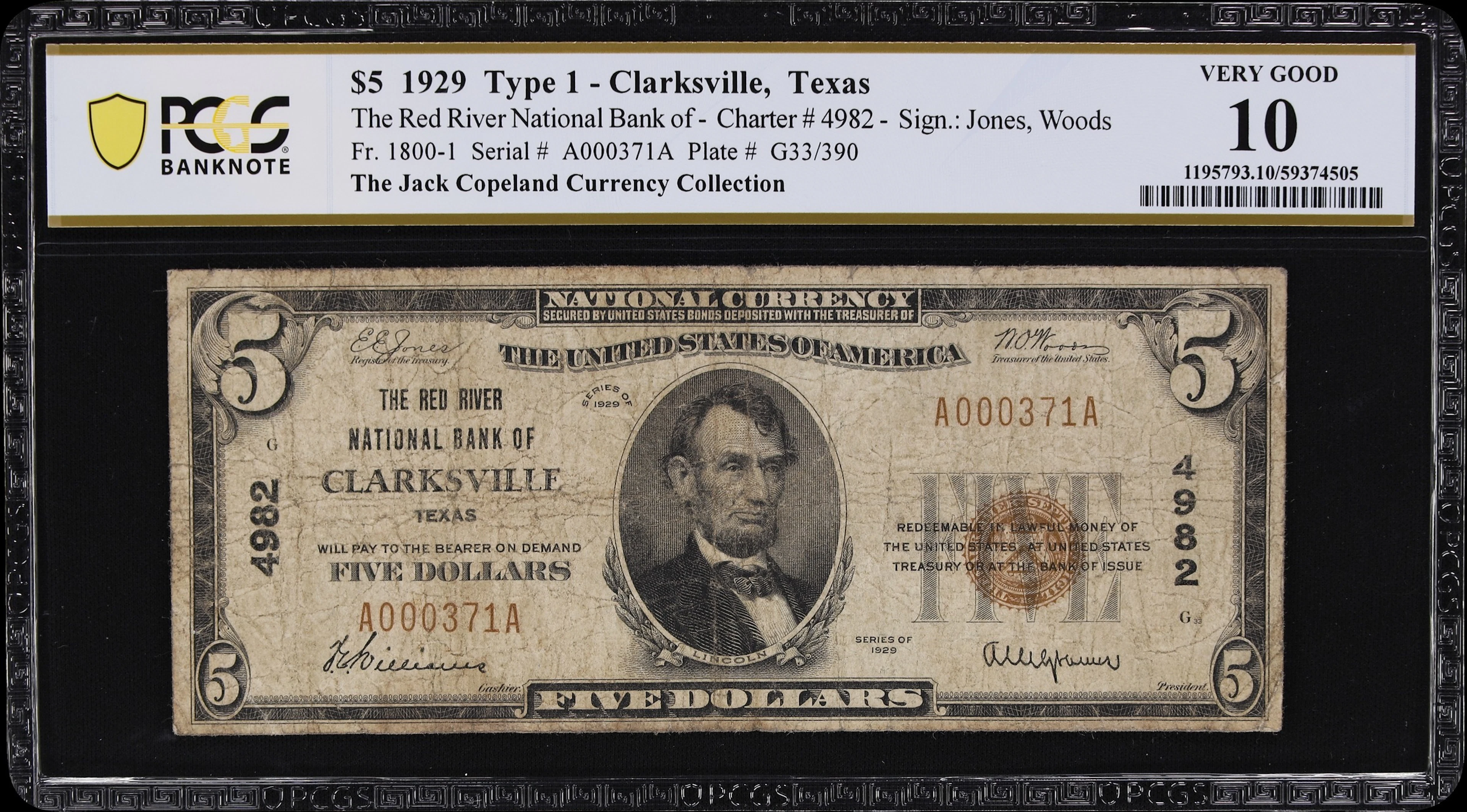 Clarksville, Texas. $5 1929 Ty. 1. Fr. 1800-1. Red River NB. Charter