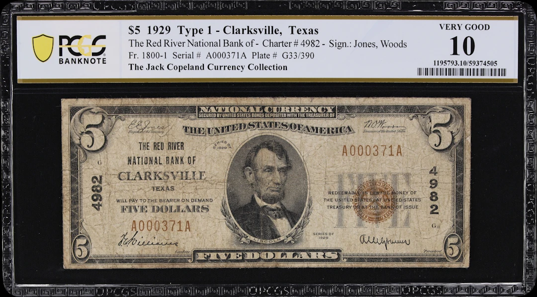 Clarksville, Texas. $5 1929 Ty. 1. Fr. 1800-1. Red River NB. Charter