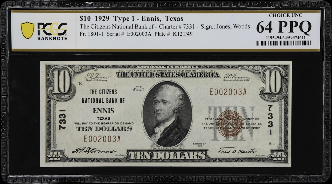 Ennis, Texas. $10 1929 Ty. 1. Fr. 1801-1. Citizens NB. Charter #7331.