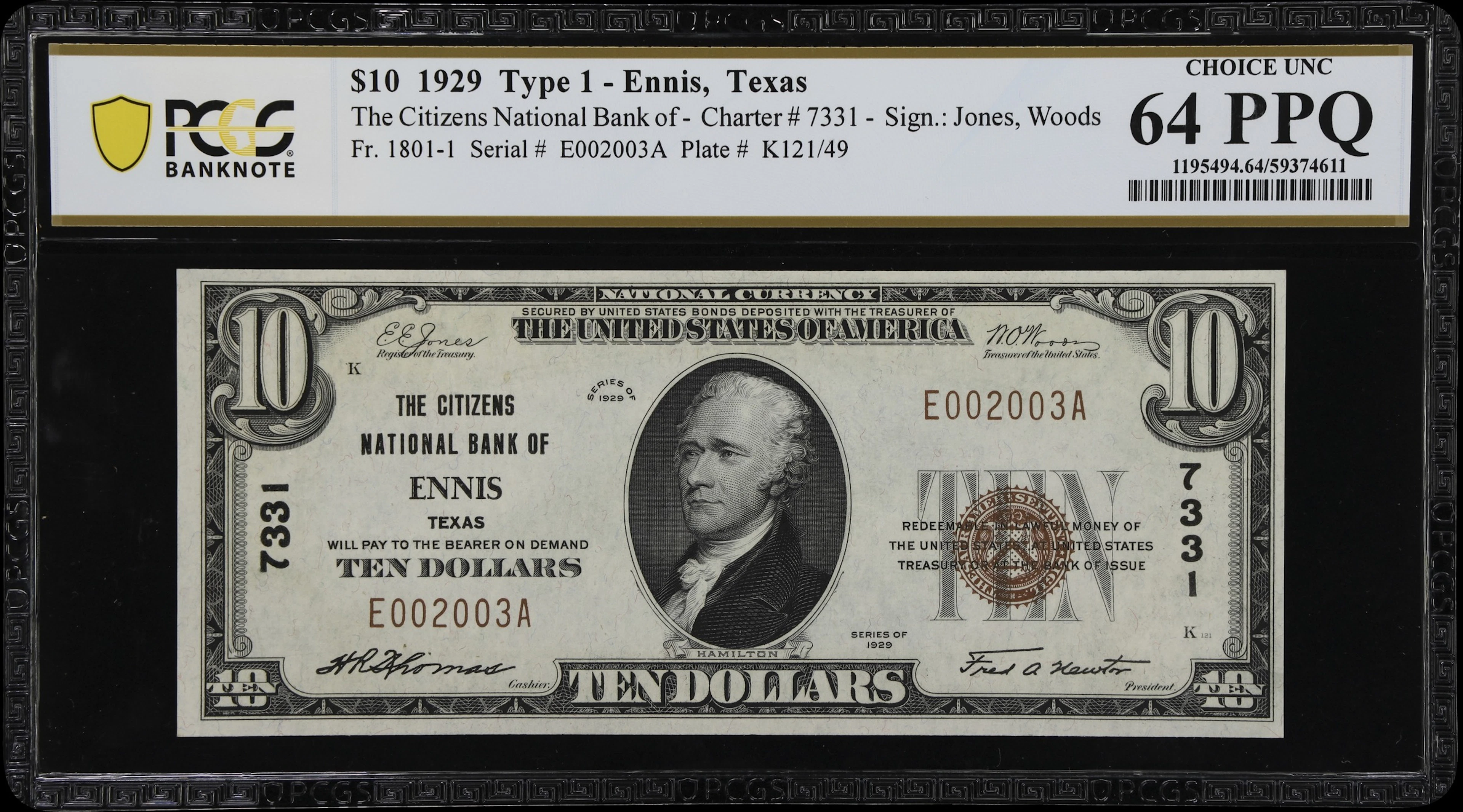 Ennis, Texas. $10 1929 Ty. 1. Fr. 1801-1. Citizens NB. Charter #7331.