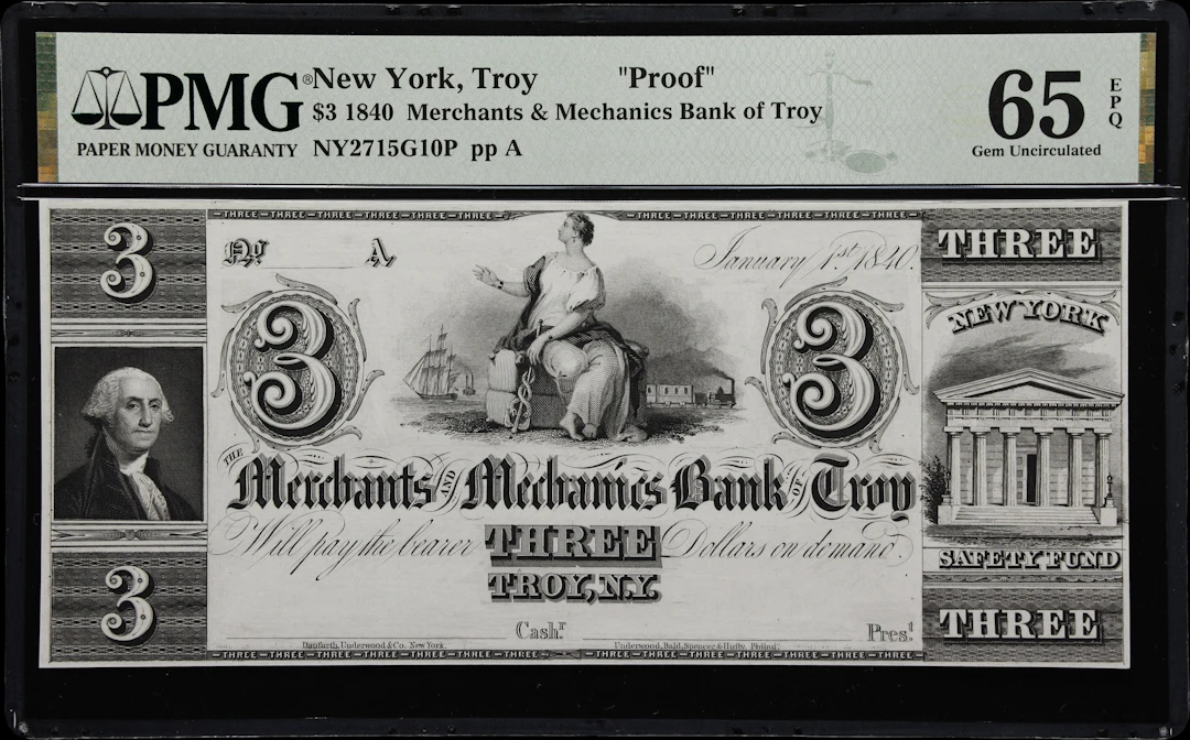 Troy, New York. Merchants & Mechanics Bank of Troy. 1840 $3. PMG Gem