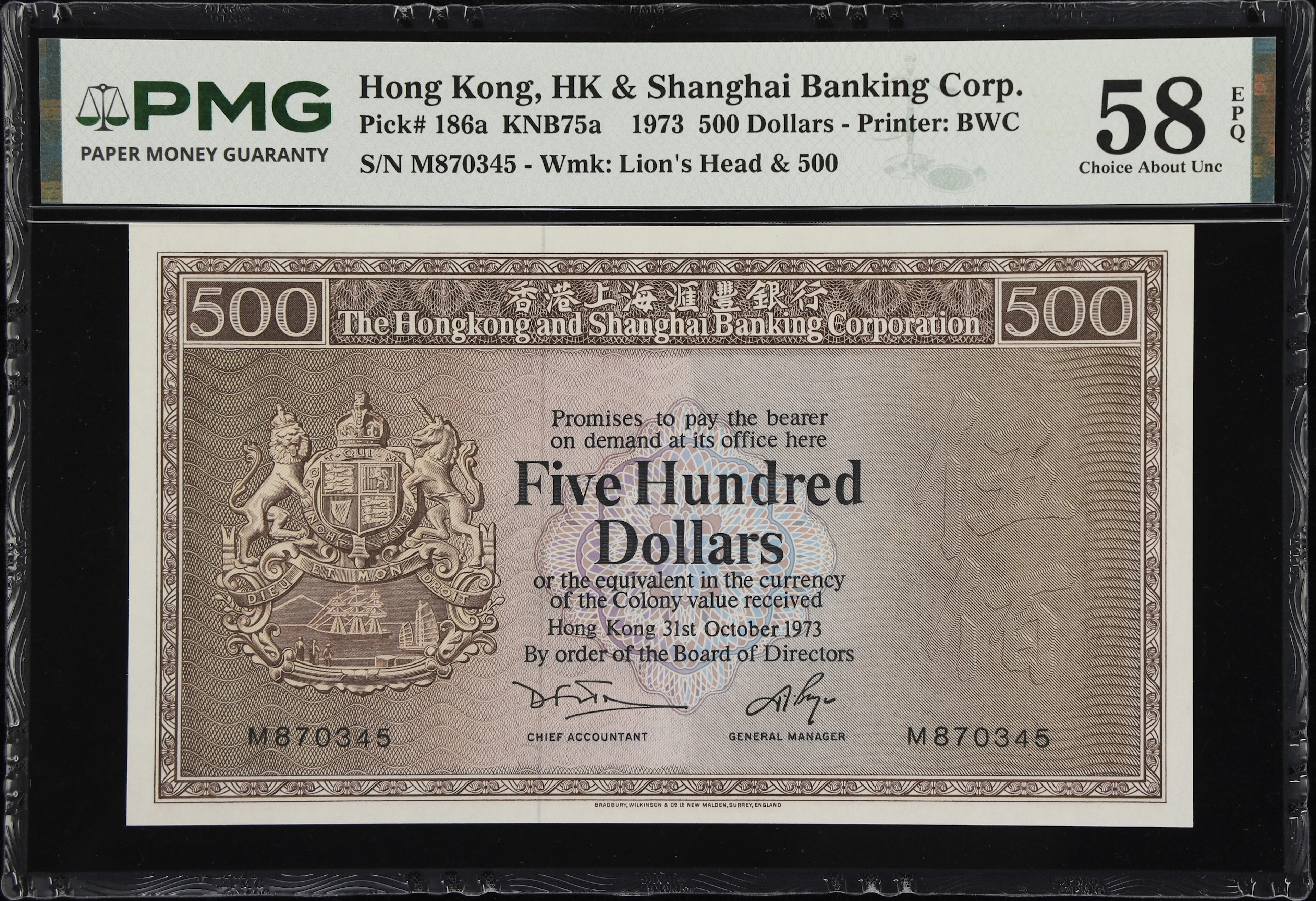 HONG KONG (SAR). Hong Kong & Shanghai Banking Corporation. 500 Dollars
