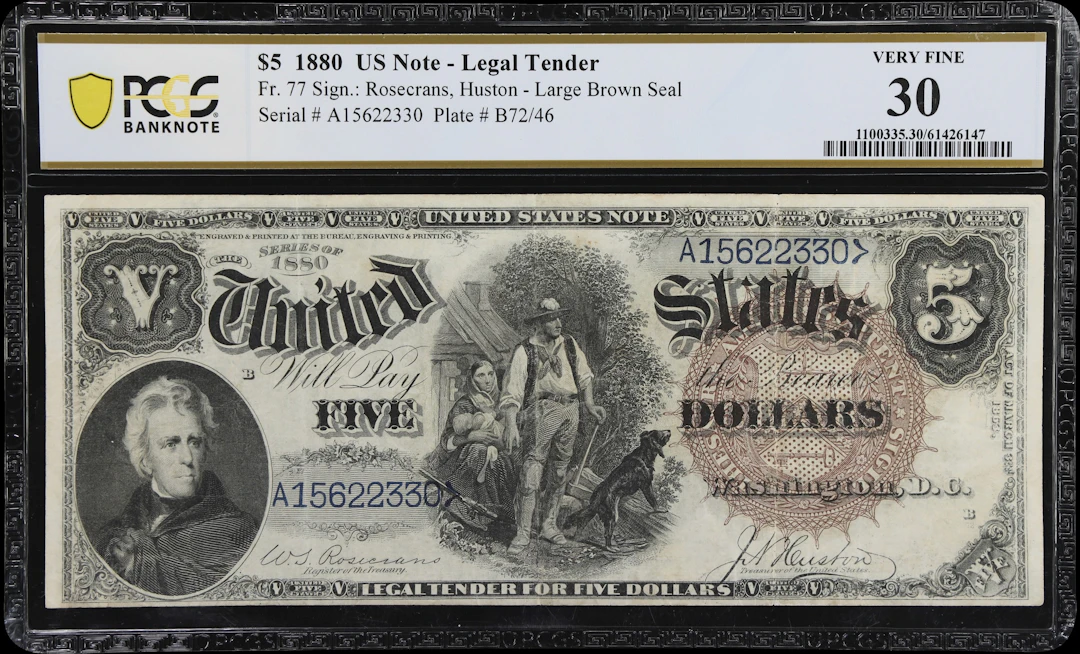 Fr. 77. 1880 $5 Legal Tender Note. PCGS Banknote Very Fine 30.