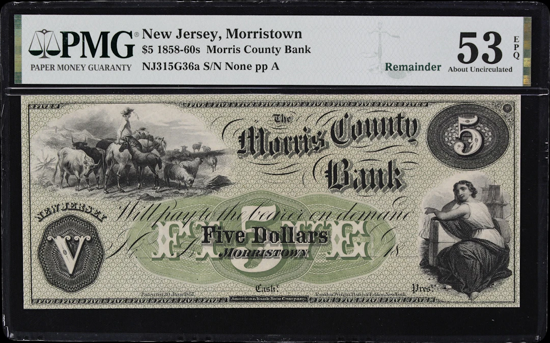 Morristown, New Jersey. Morris County Bank. 18xx $5. PMG About Uncirculated