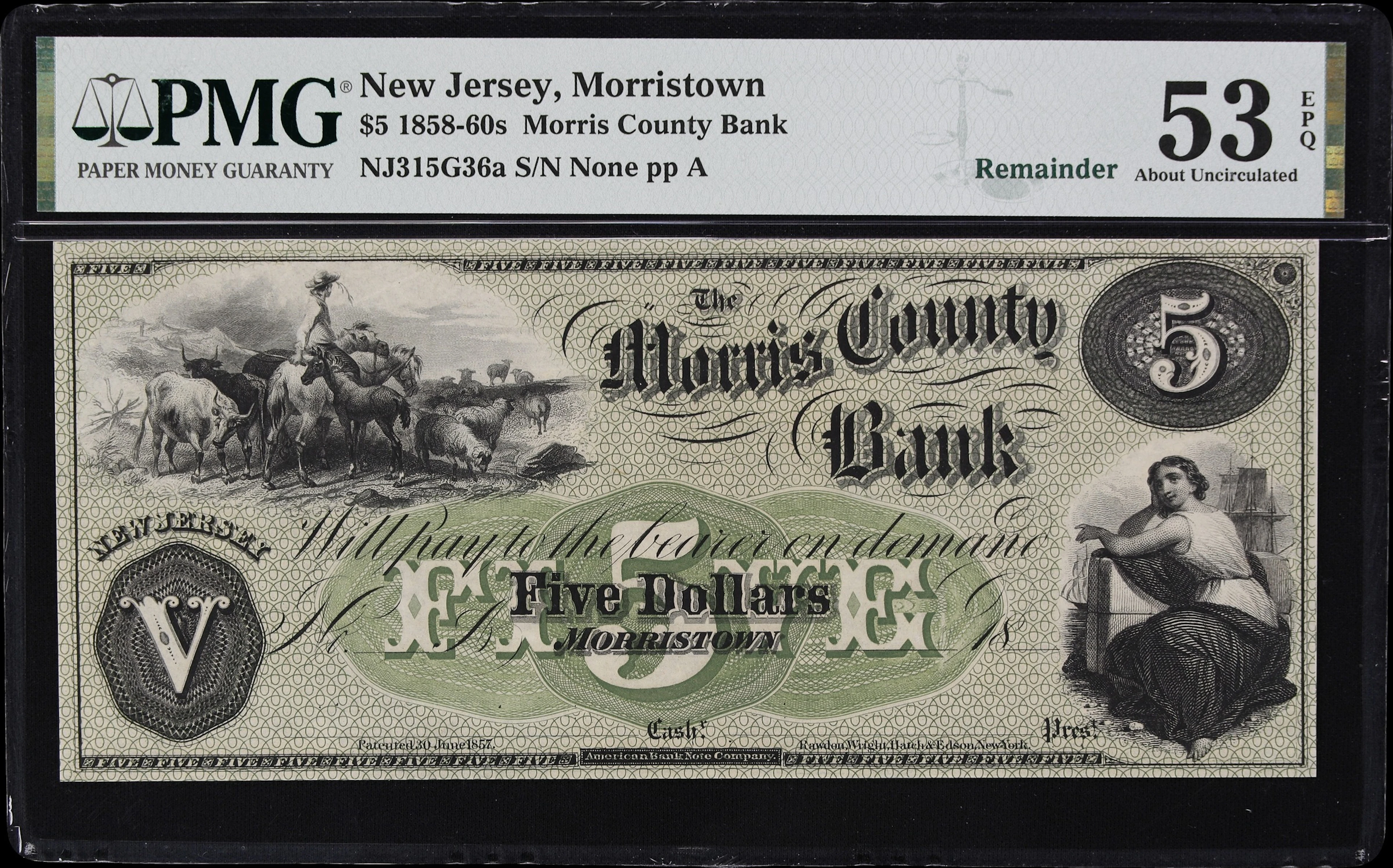 Morristown, New Jersey. Morris County Bank. 18xx $5. PMG About Uncirculated
