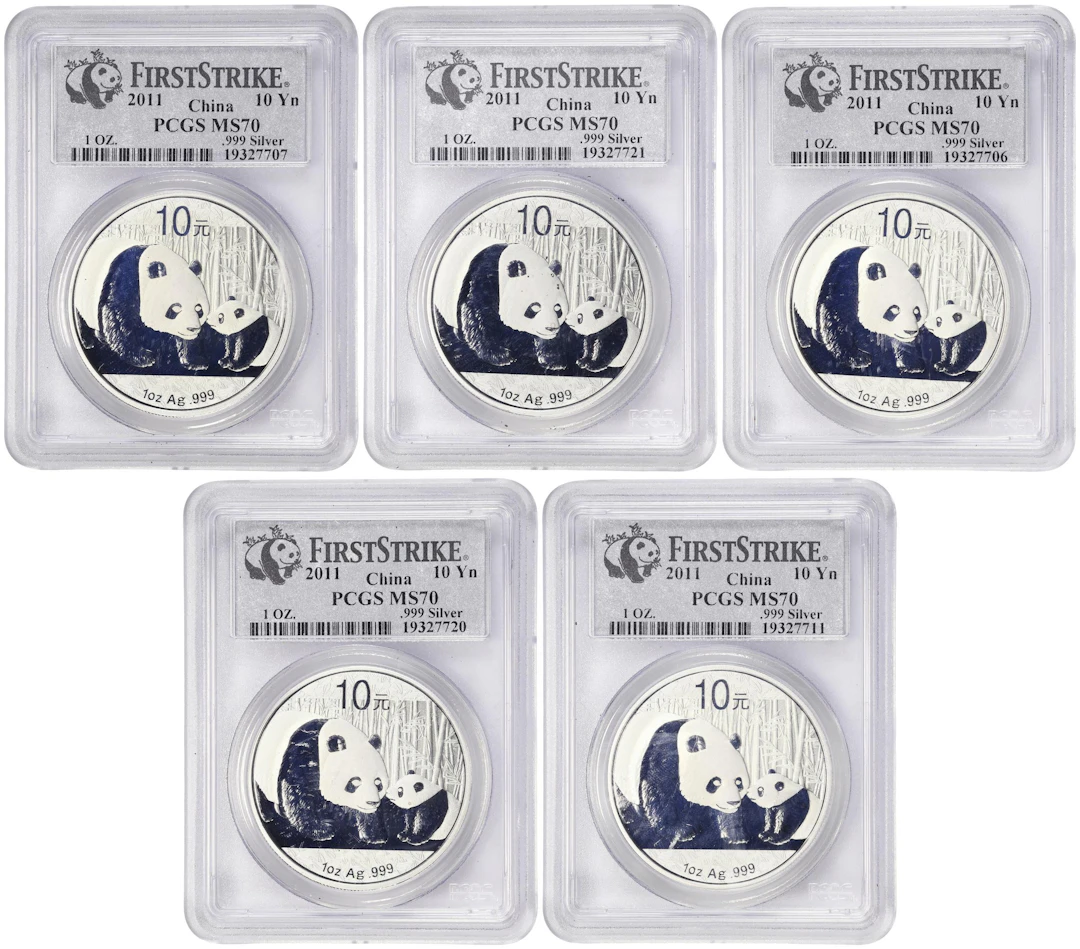 (5 oz, 155.52 g ASW). China. Lot of (5) 2011 1 oz Silver Pandas. MS-70 (PCGS).