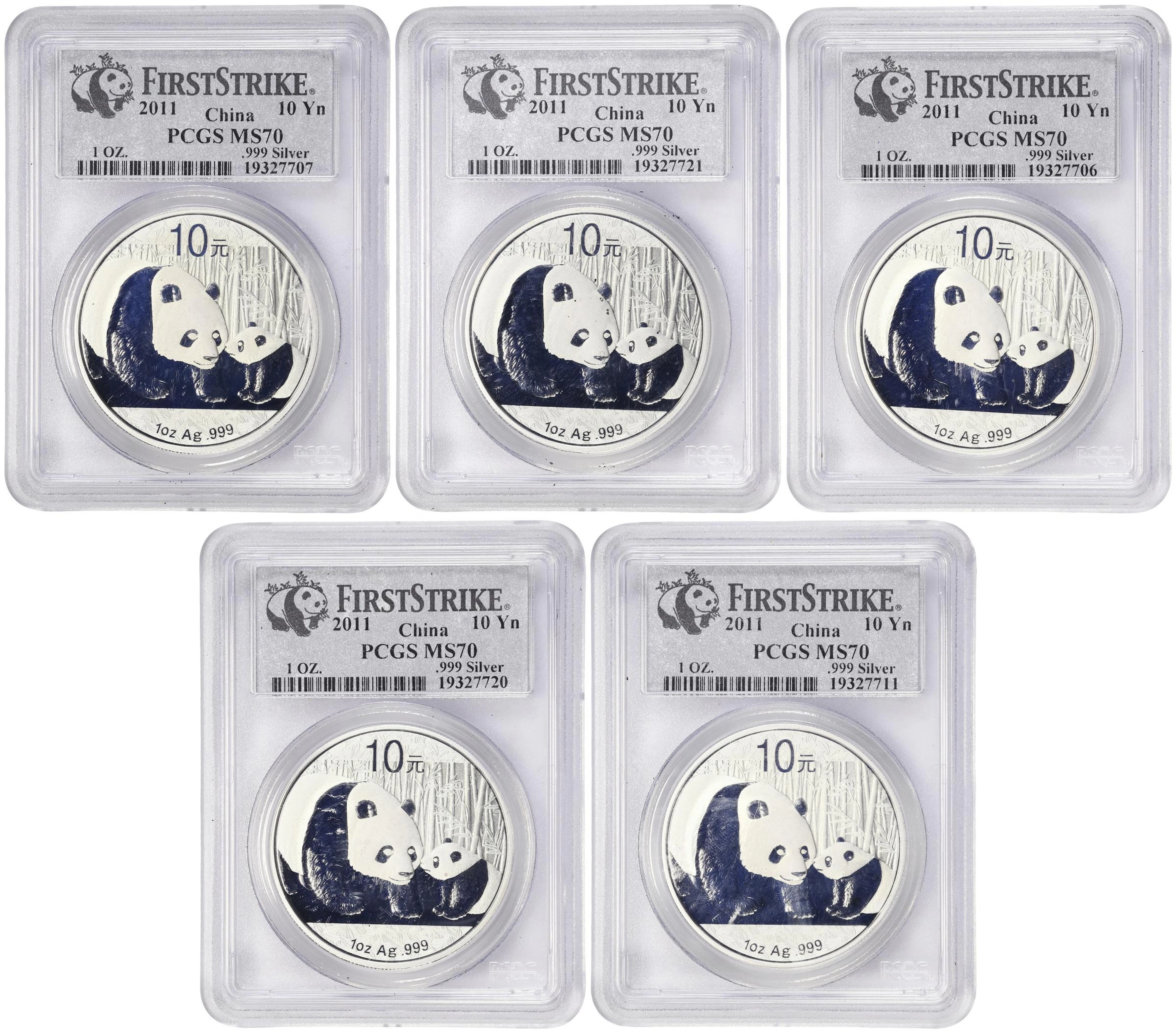 (5 oz, 155.52 g ASW). China. Lot of (5) 2011 1 oz Silver Pandas. MS-70 (PCGS).