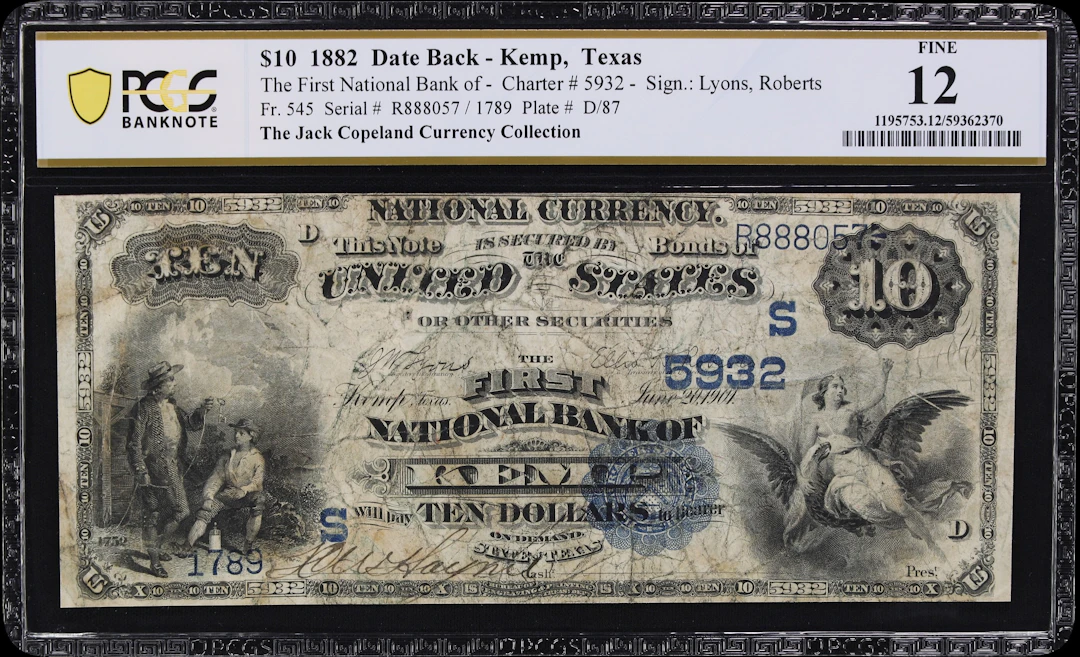 Kemp, Texas. $10 1882 Date Back. Fr. 545. First NB. Charter #5932.
