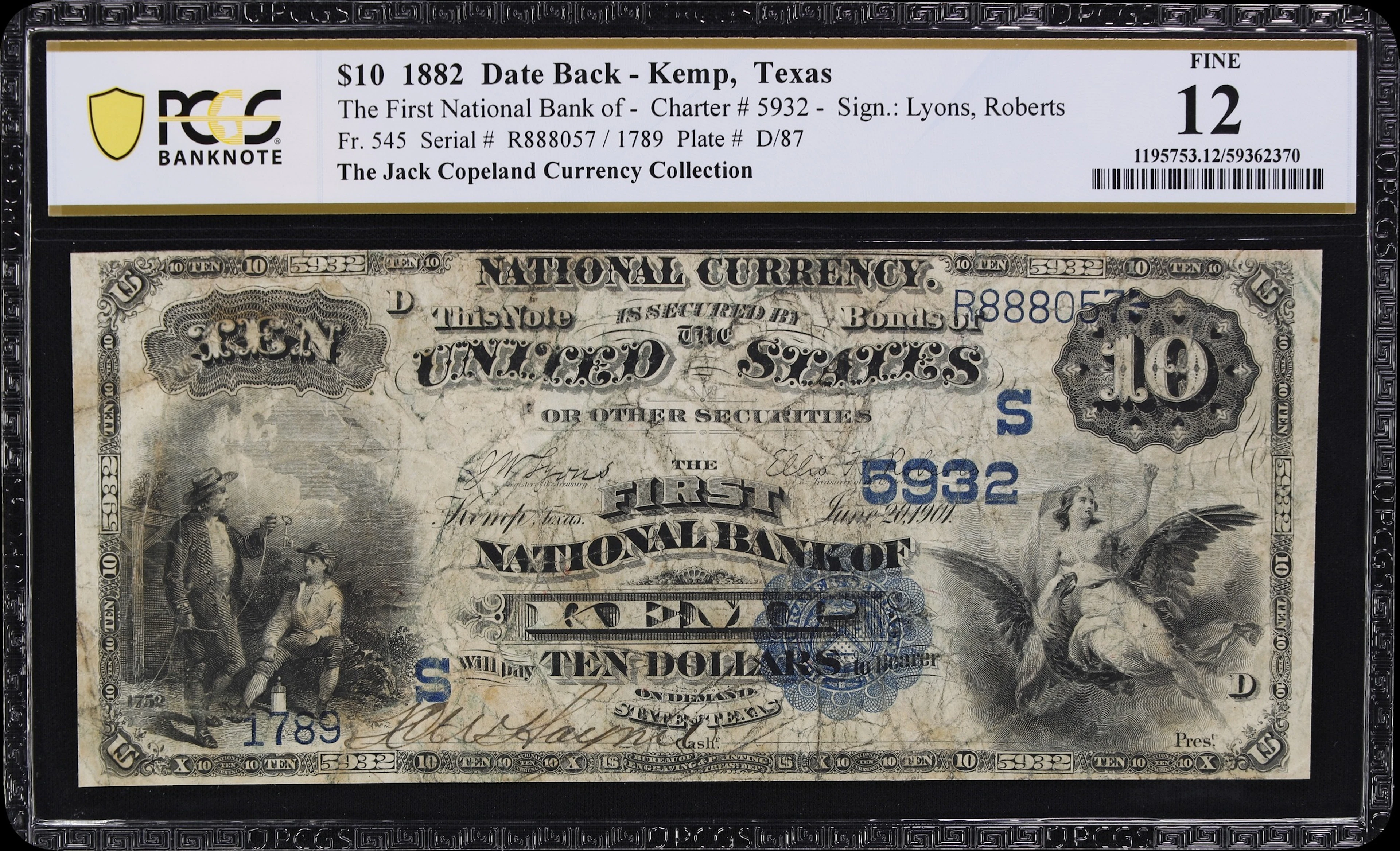 Kemp, Texas. $10 1882 Date Back. Fr. 545. First NB. Charter #5932.