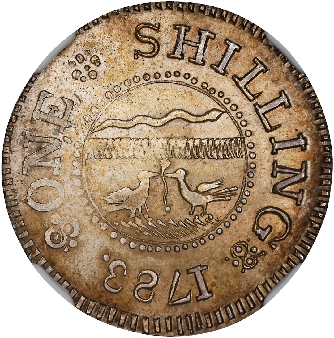 1783 John Chalmers Shilling. W-1790. Rarity-4. Birds, Long Worm. MS-62 (NGC).