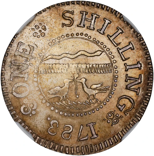 1783 John Chalmers Shilling. W-1790. Rarity-4. Birds, Long Worm. MS-62 (NGC).