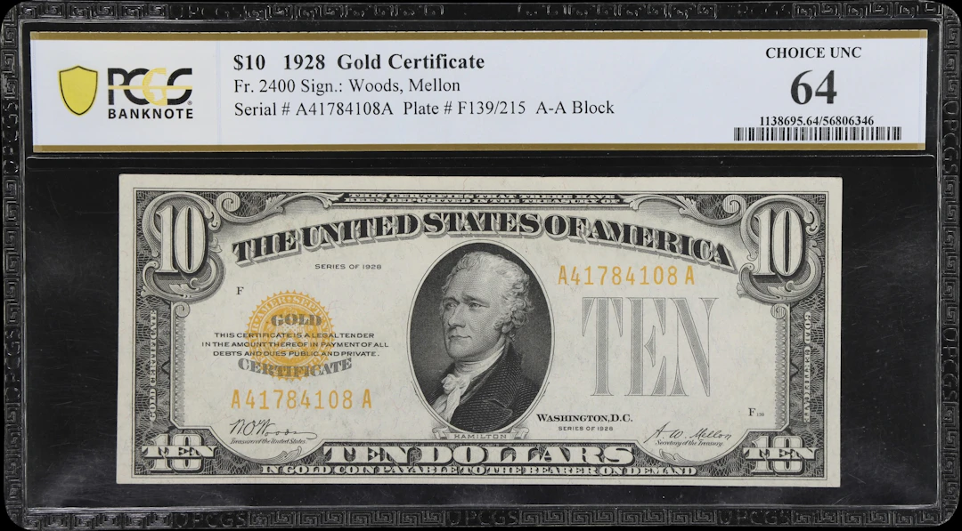 Fr. 2400. 1928 $10 Gold Certificate. PCGS Banknote Choice Uncirculated 64.