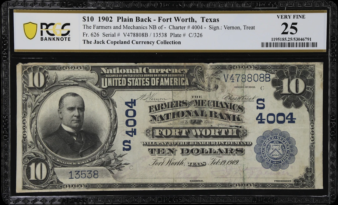 Fort Worth, Texas. $10 1902 Plain Back. Fr. 626. Farmers & Mechanics
