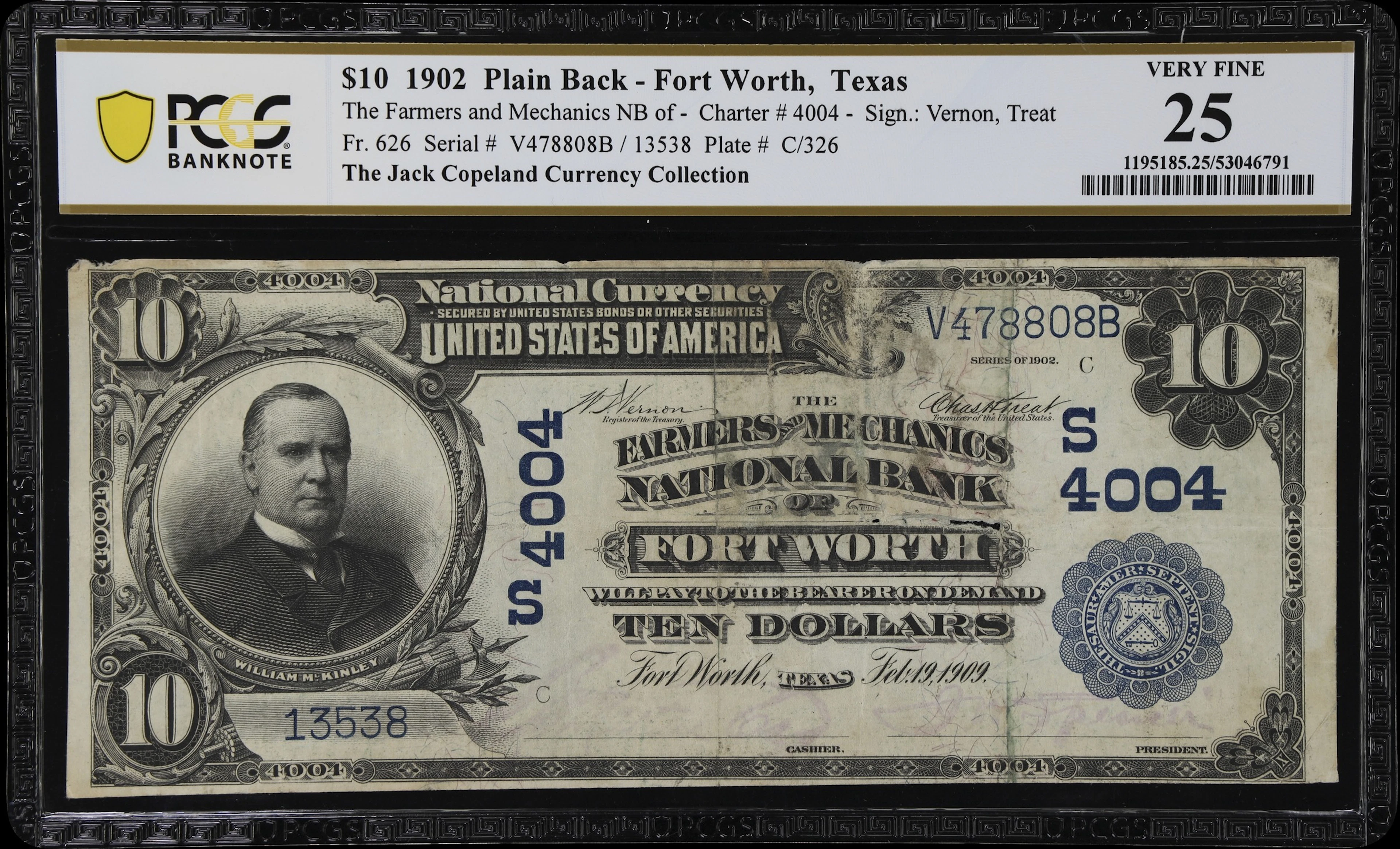 Fort Worth, Texas. $10 1902 Plain Back. Fr. 626. Farmers & Mechanics