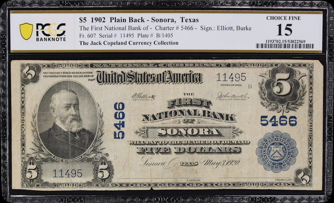 Sonora, Texas. $5 1902 Plain Back. Fr. 607. First NB. Charter #5466.
